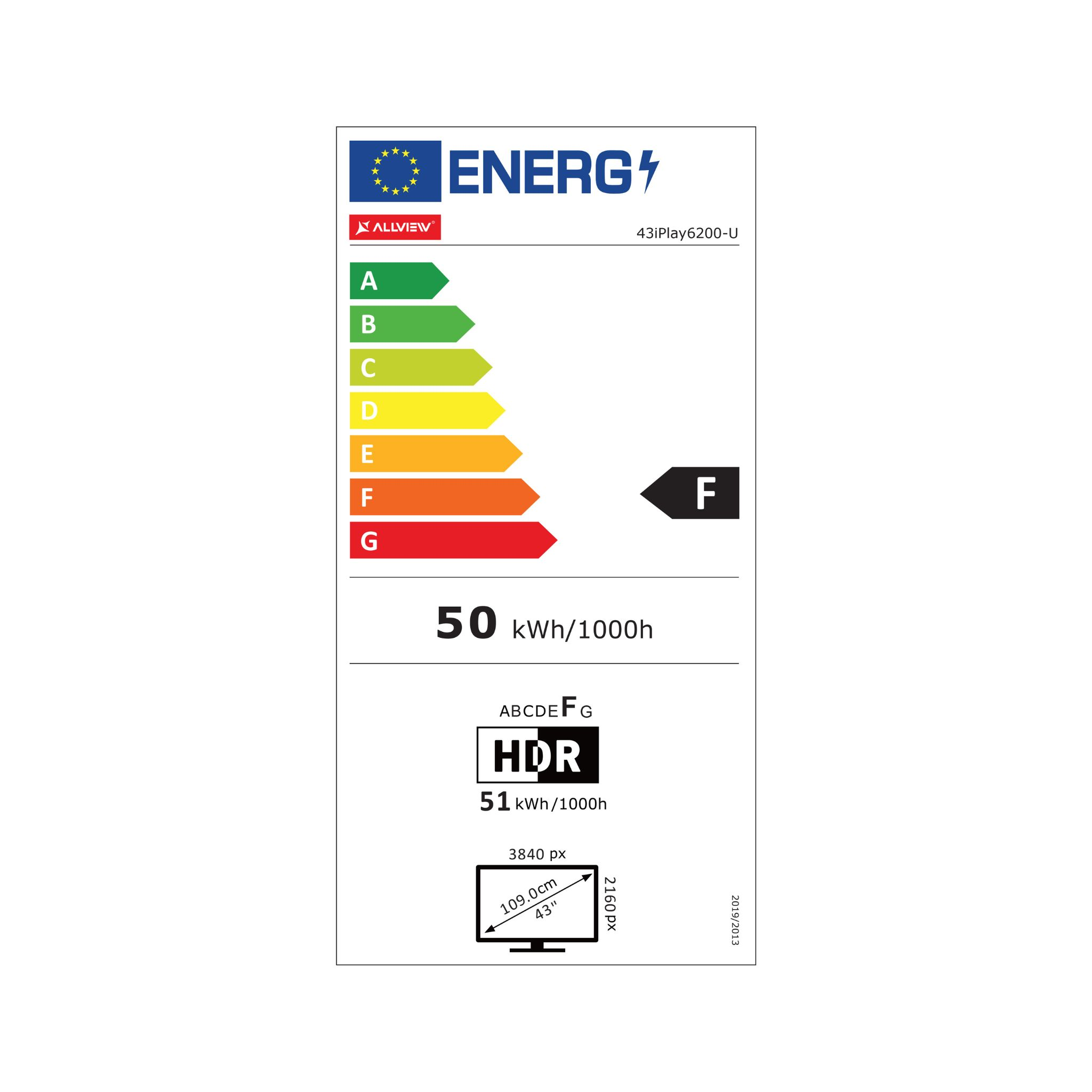 Etichetta energetica TV 43", classe F, 50 kWh/1000h, HDR, 3840x2160 px.