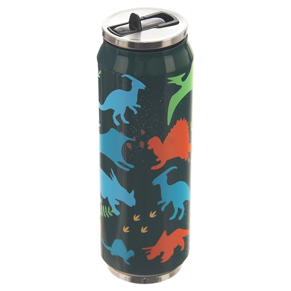 Lata verde oscuro con gráficos de dinosaurios en azul, verde y naranja.