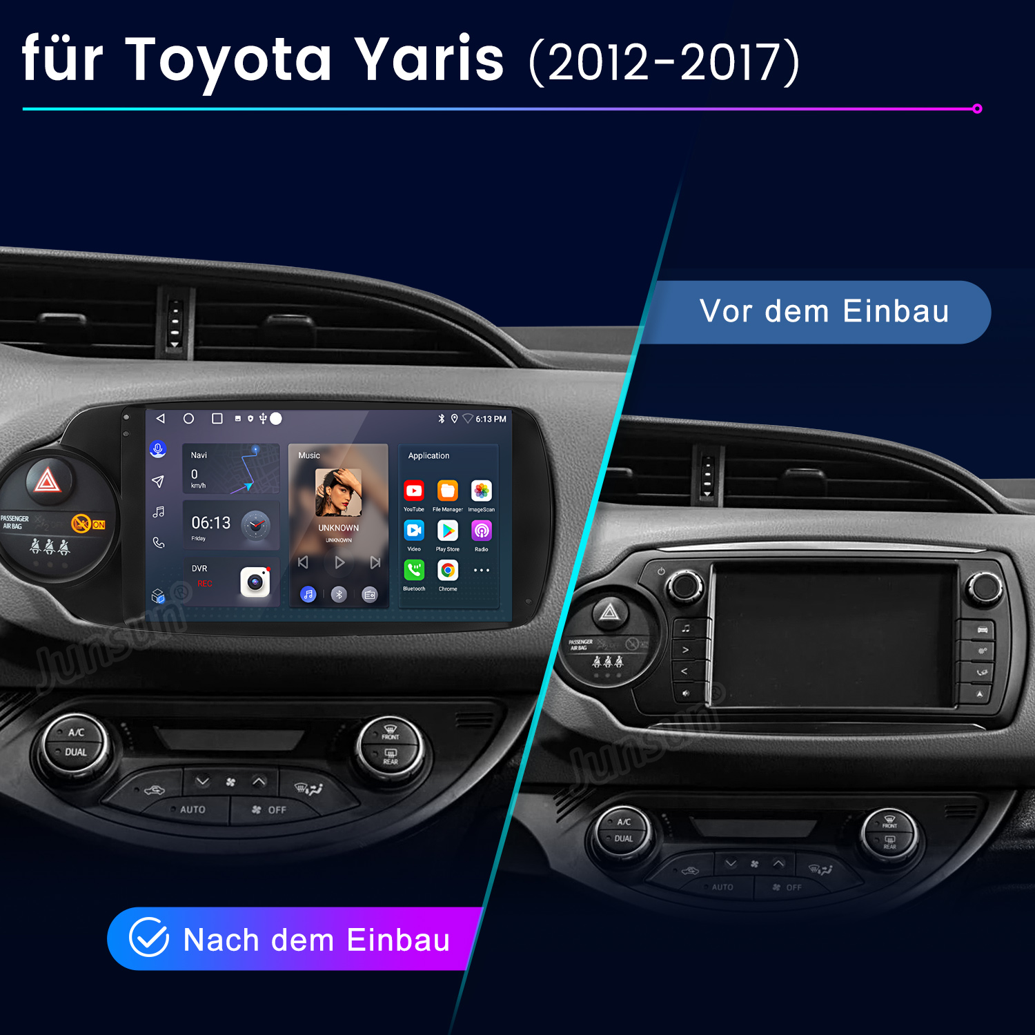 Vorher/Nachher-Vergleich eines Toyota Yaris-Infotainmentsystems, links mit neuem Bildschirm.