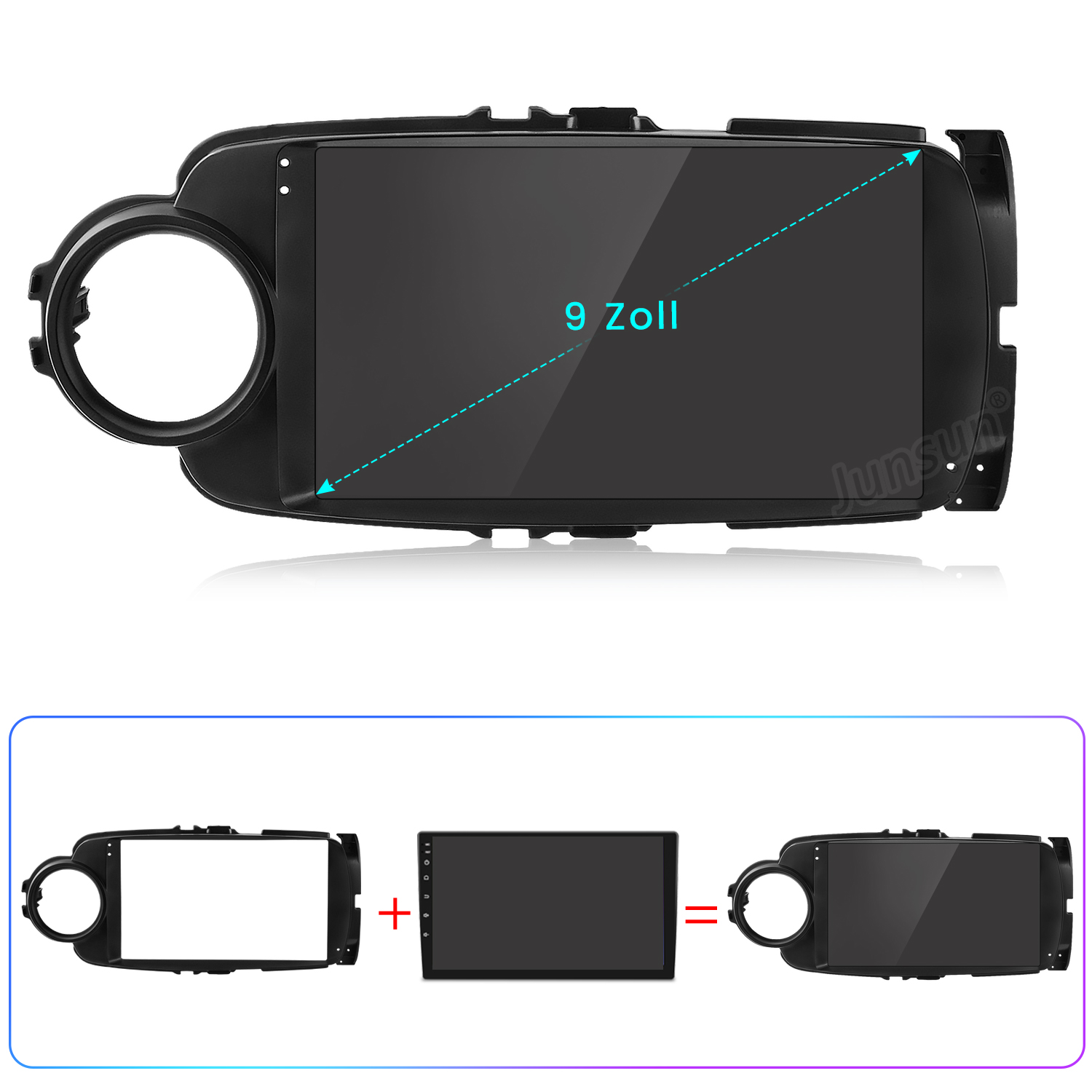 9-Zoll-Touchscreen-Display mit schwarzem Rahmen und Einbauteilen.