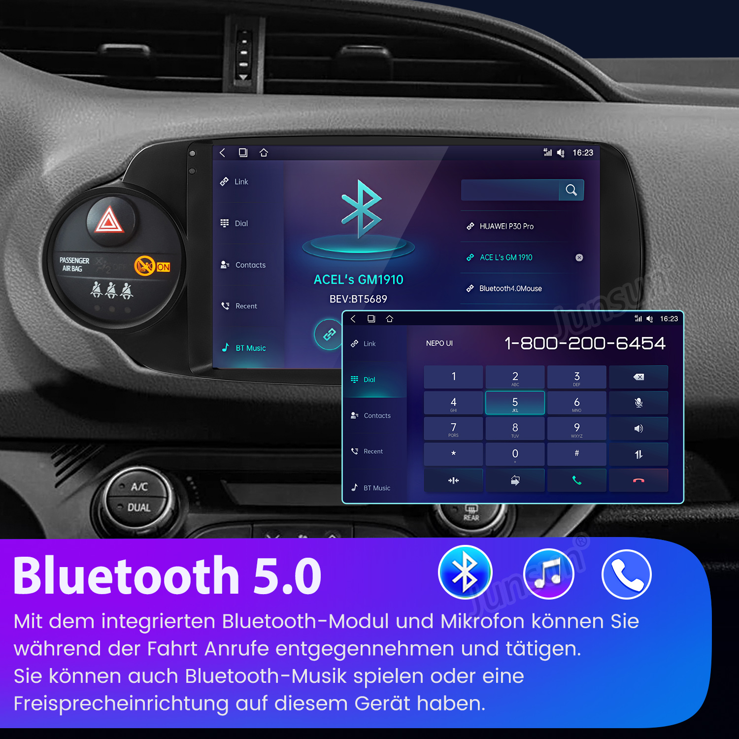 Auto-Infotainmentsystem mit Touchscreen, zeigt Telefonmenü, Tastatur und Bluetooth-Optionen.