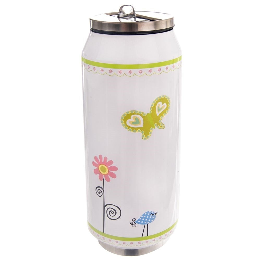 Lata blanca con diseños de mariposa, flor y pájaro. Acentos verdes y rosas.