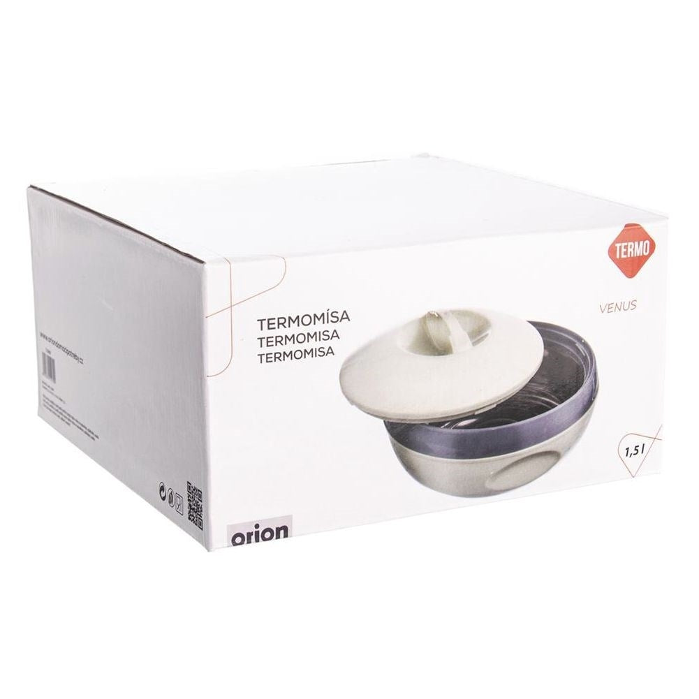 Un termo blanco con tapa, capacidad 1,5L, marca Orion.