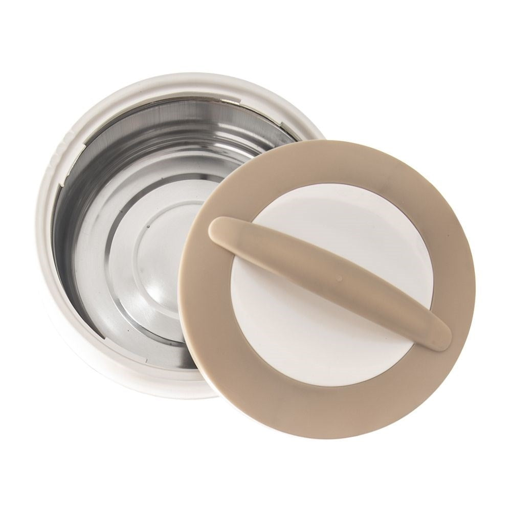 Un termo abierto de acero inoxidable con tapa beige.