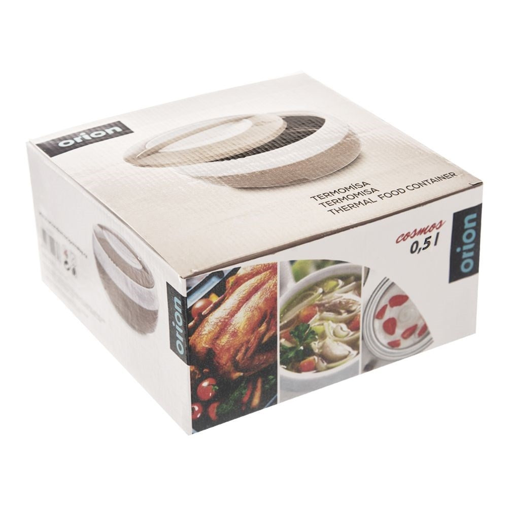 Embalaje de un termo para alimentos con imágenes de comida como pollo asado.