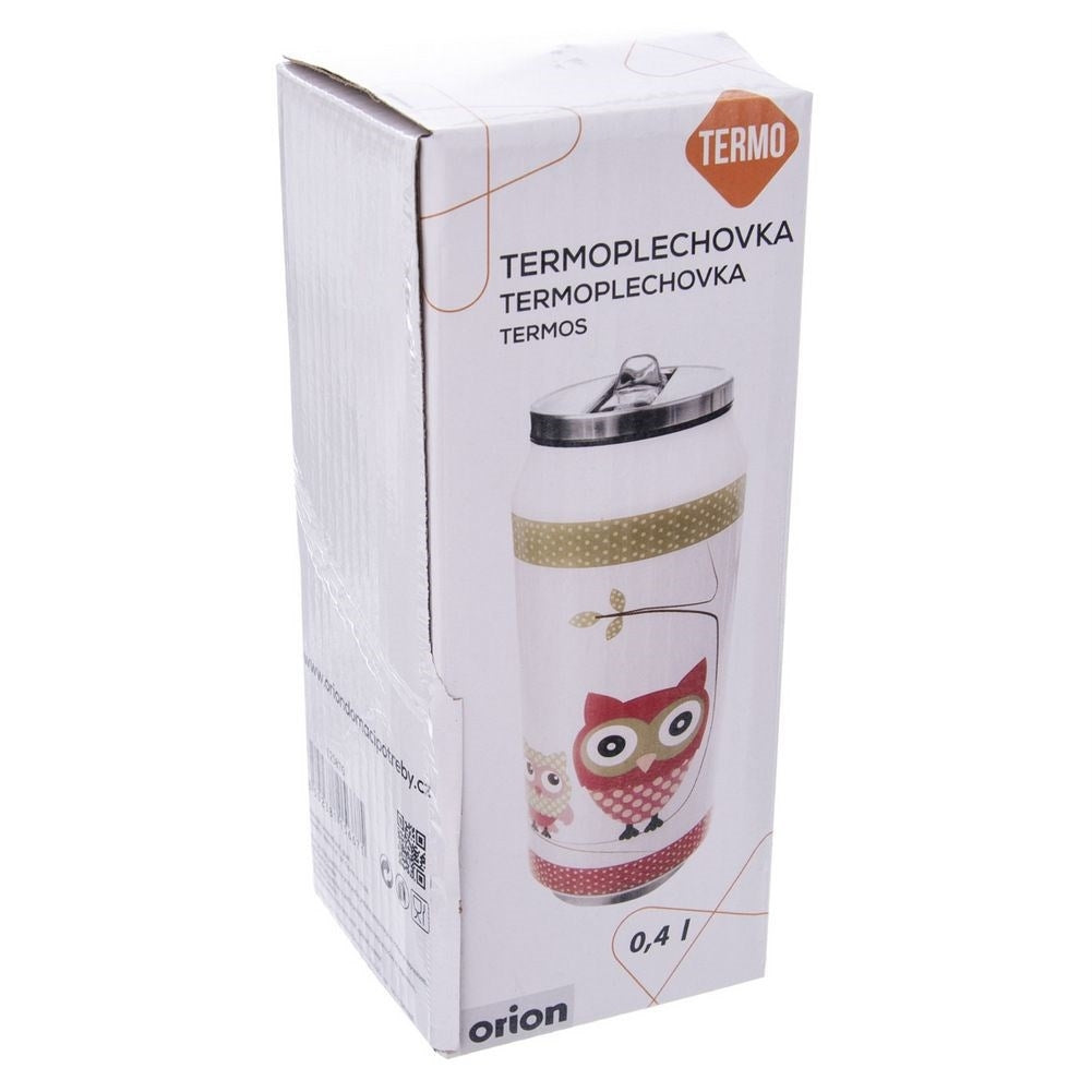 Caja de un termo blanco con diseño de búho y tapa plateada. Capacidad 0.4L.