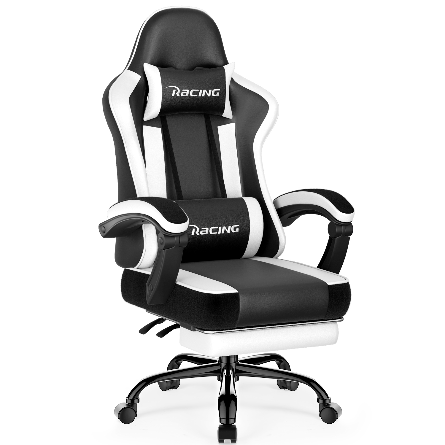 Ein schwarzer und weißer Gaming-Stuhl mit Rädern, Nackenkissen und Lendenwirbelstütze.