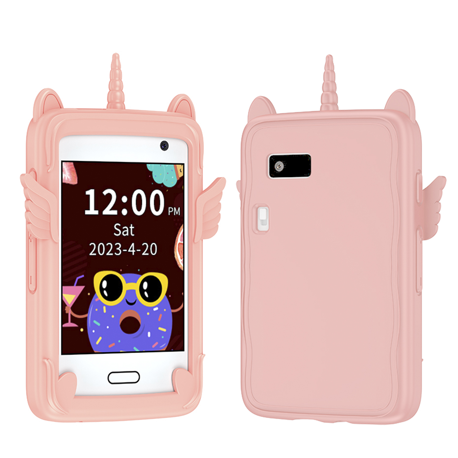 Zwei rosa Einhorn-Hüllen für ein Smartphone, eine mit Bildschirm.