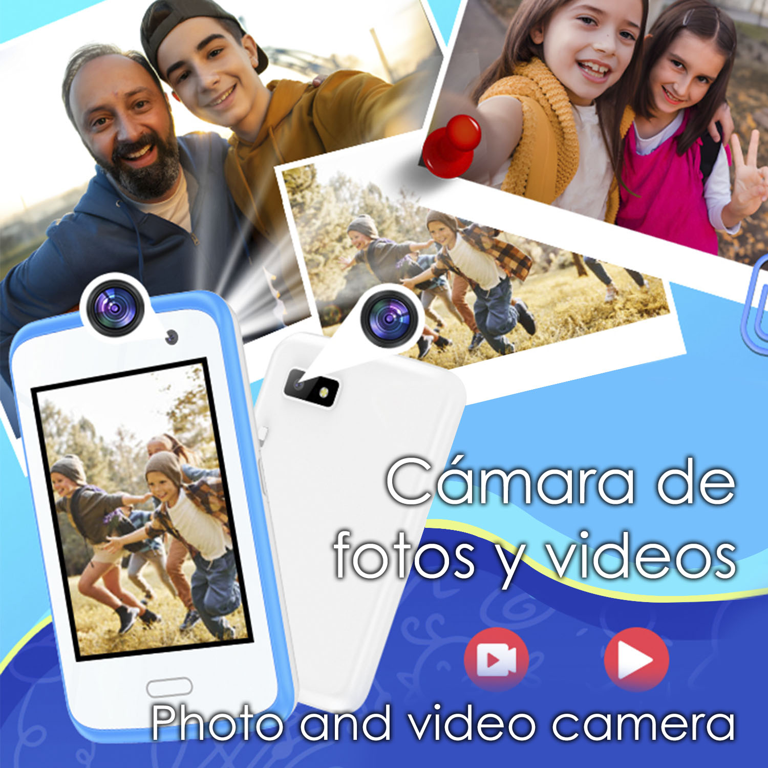 Foto- und Videokamera mit Fotos von Familien und Kindern.