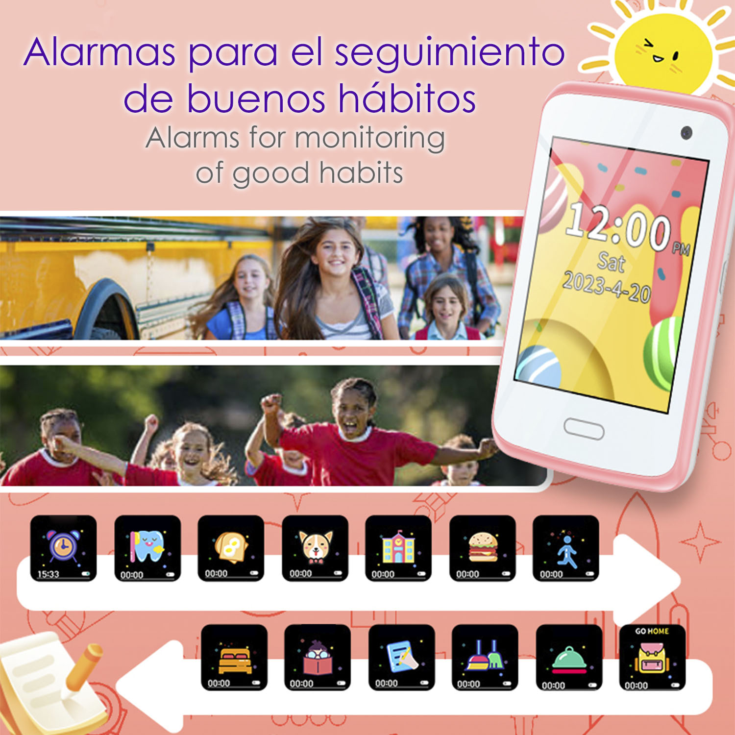 Kinder vor einem Schulbus, Kinder rennen, Handy mit bunter Uhr und Icons. Sonnensymbol.