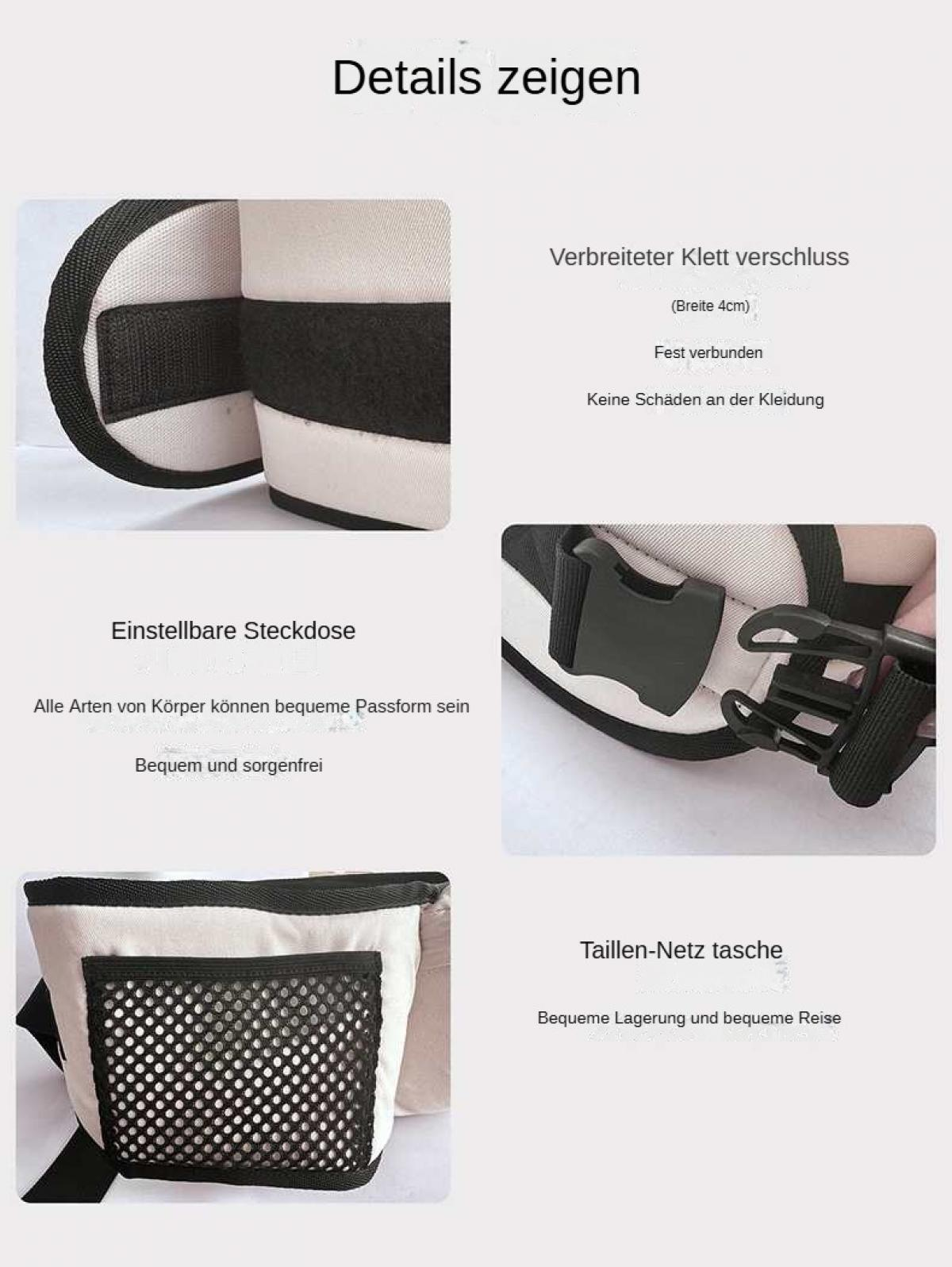 Details zeigen: Klettverschluss, Steckdose, Taillen-Netztasche.