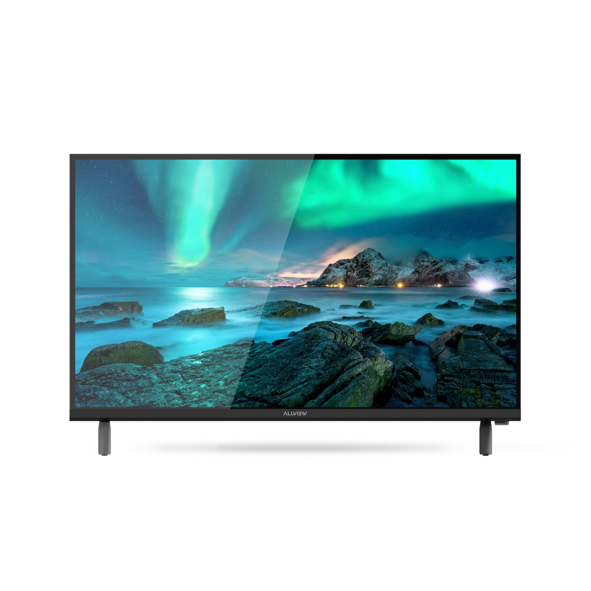 Ein Fernseher zeigt die Nordlichter über einer felsigen Küste.