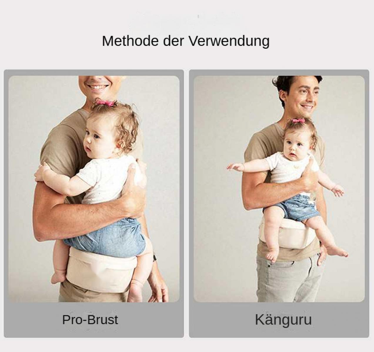 Mann trägt Baby in zwei verschiedenen Positionen mit Tragehilfe.