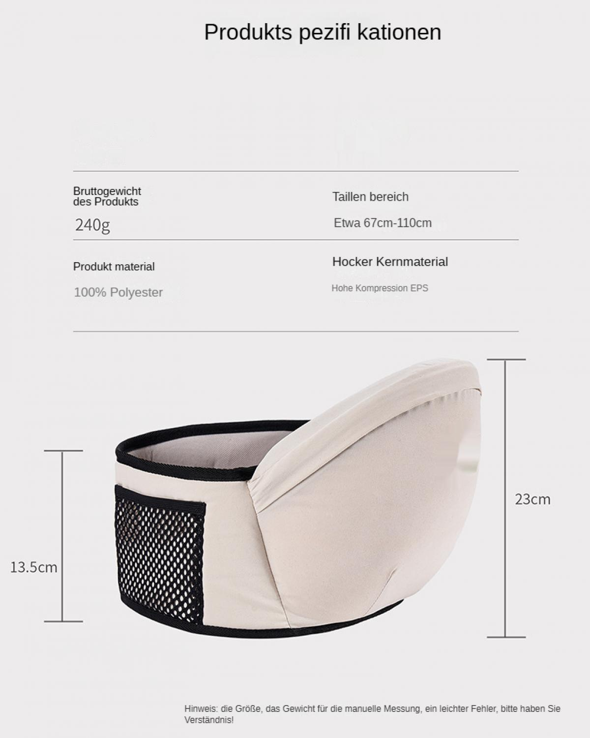 Ein heller Babytragegurt mit Maßen und Materialdetails.
