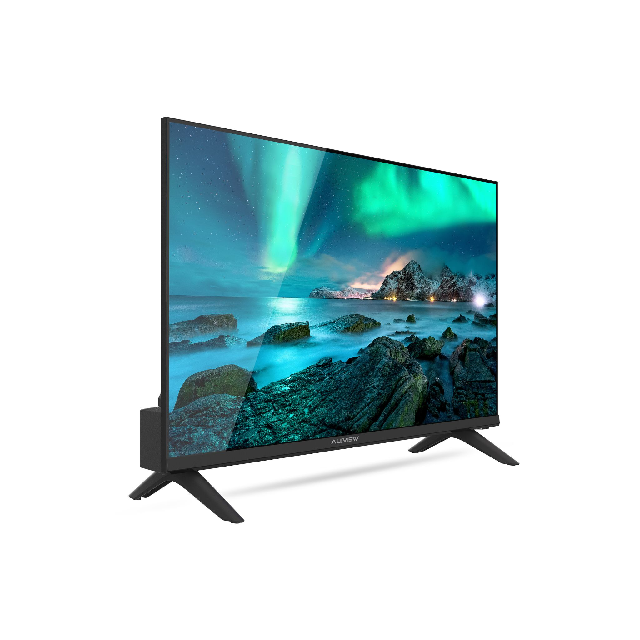 Ein schwarzer Fernseher zeigt ein Nordlicht über felsiger Küste.