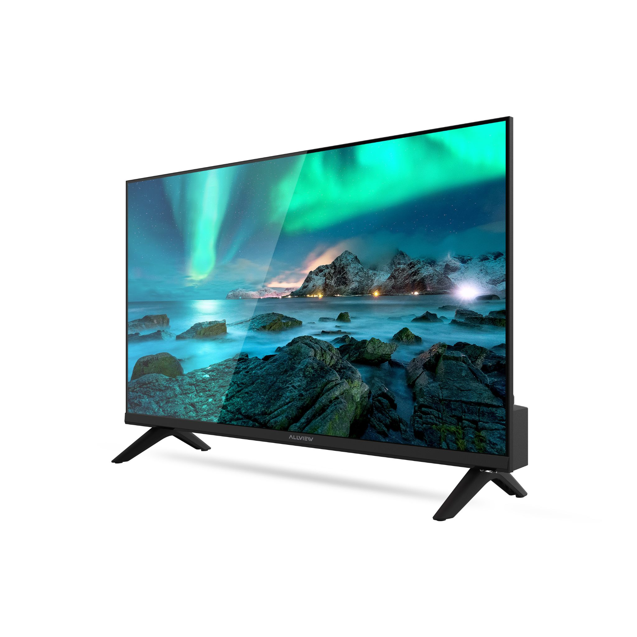 Ein schwarzer Fernseher mit einem Bild der Nordlichter über einer felsigen Küste.