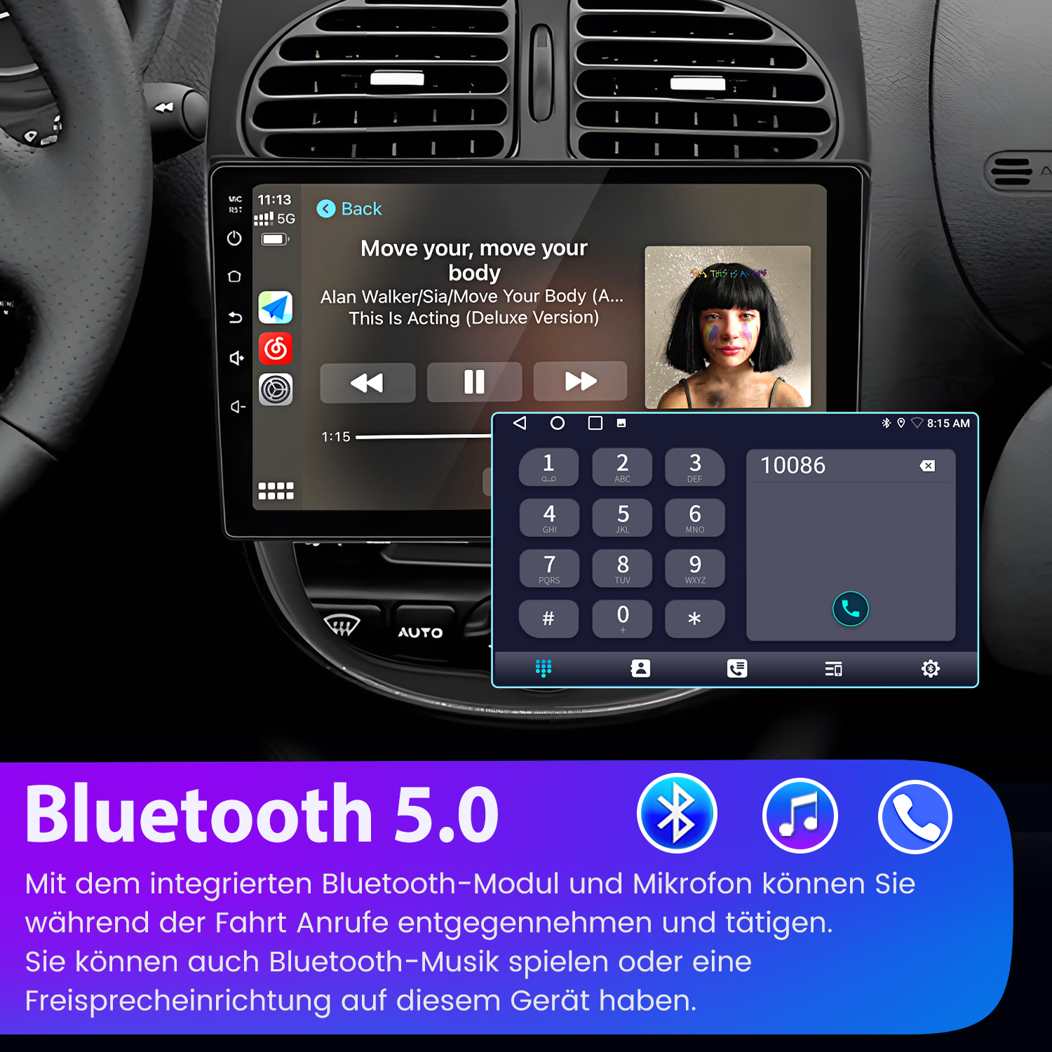 Ein Auto-Infotainmentsystem mit Musikwiedergabe, Telefonie und Tastenfeld.