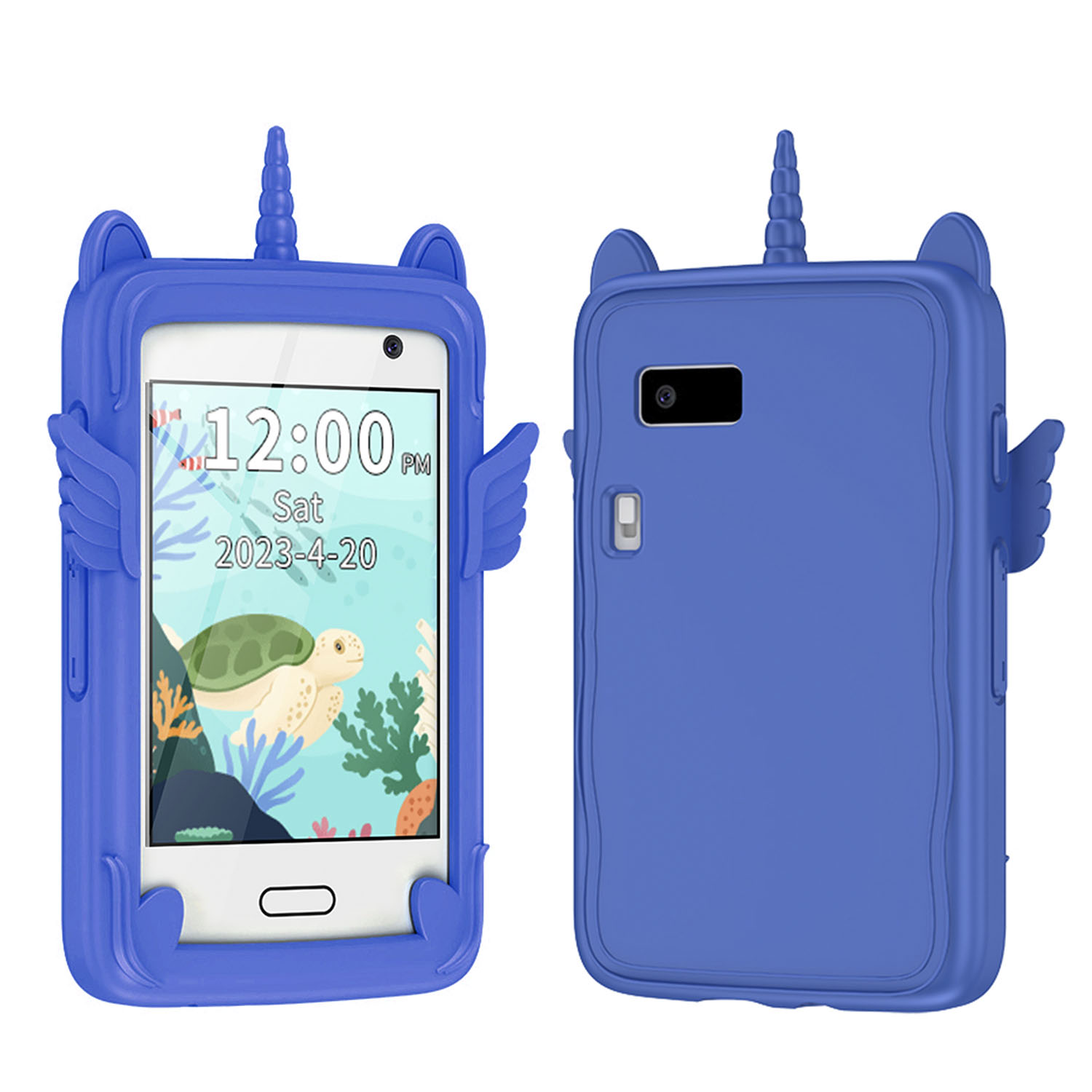 Una custodia blu unicorno con ali espone un telefono con sfondo tartaruga.