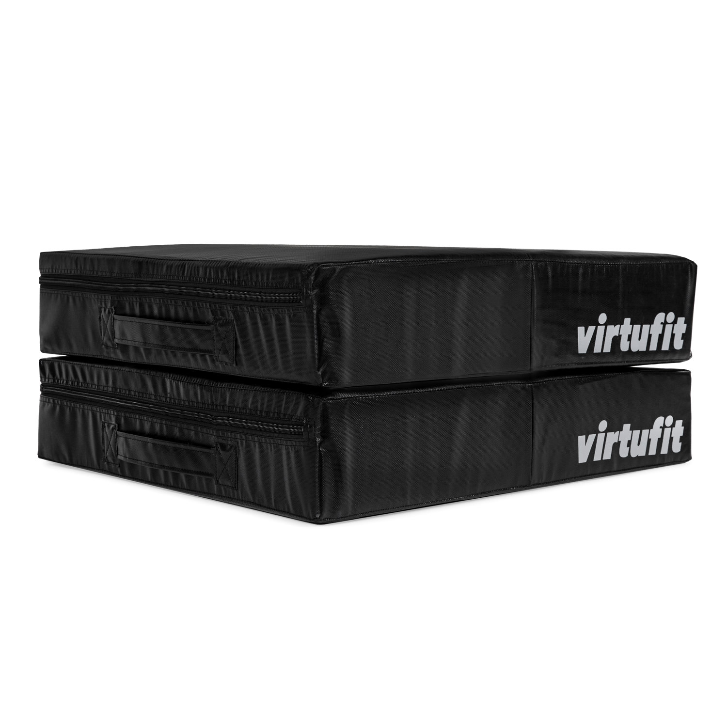 Zwei schwarze, rechteckige Polster mit Tragegriffen und dem Virtufit-Logo.