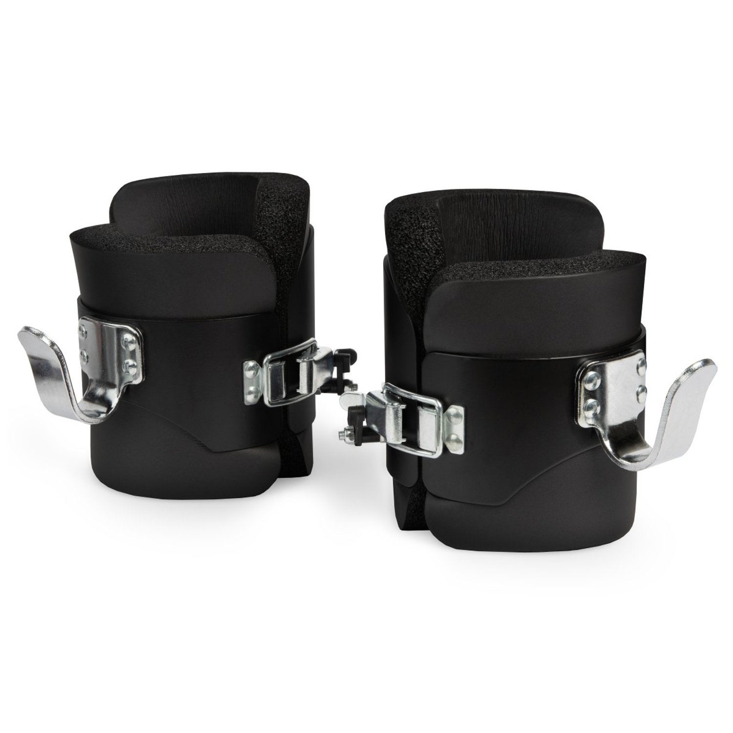 Schwarze Trainingsstiefel mit Metallhaken und Polsterung.