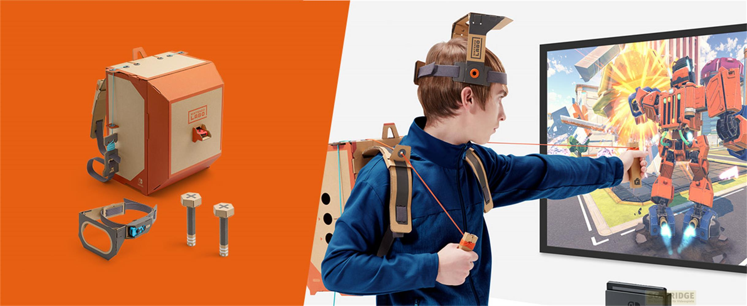 Elementy Nintendo Labo Toy-Con 01: Variety Kit i osoba grająca w VR.
