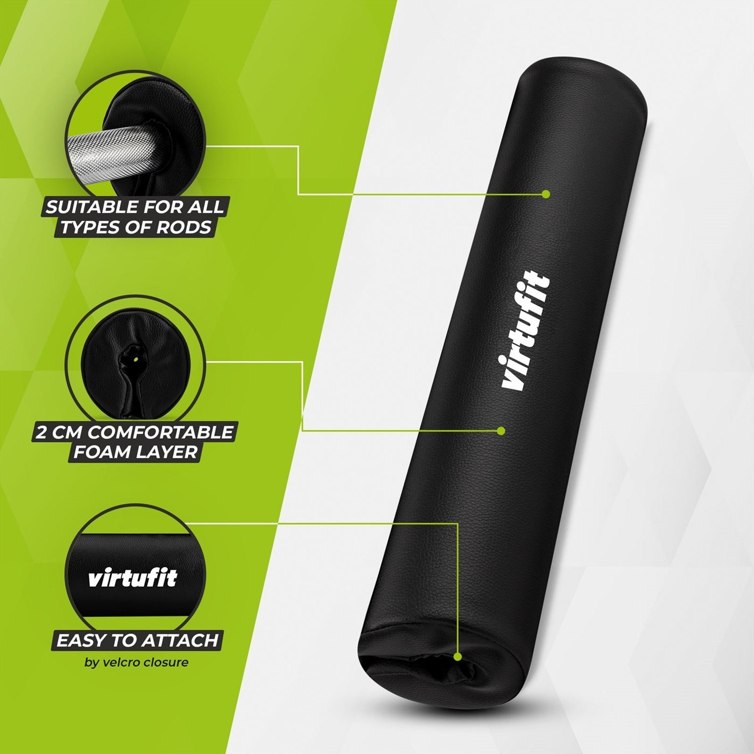 Schwarzer Polstergriff mit der Aufschrift "virtufit", für Hantelstangen.