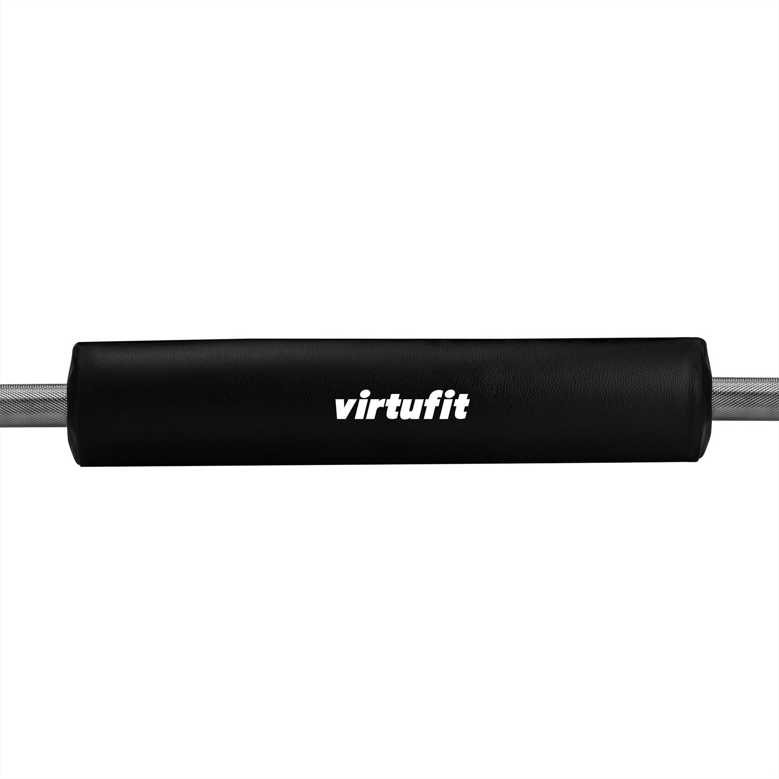 Schwarzer Polsteraufsatz mit weißem "virtufit" Logo auf einer Hantelstange.