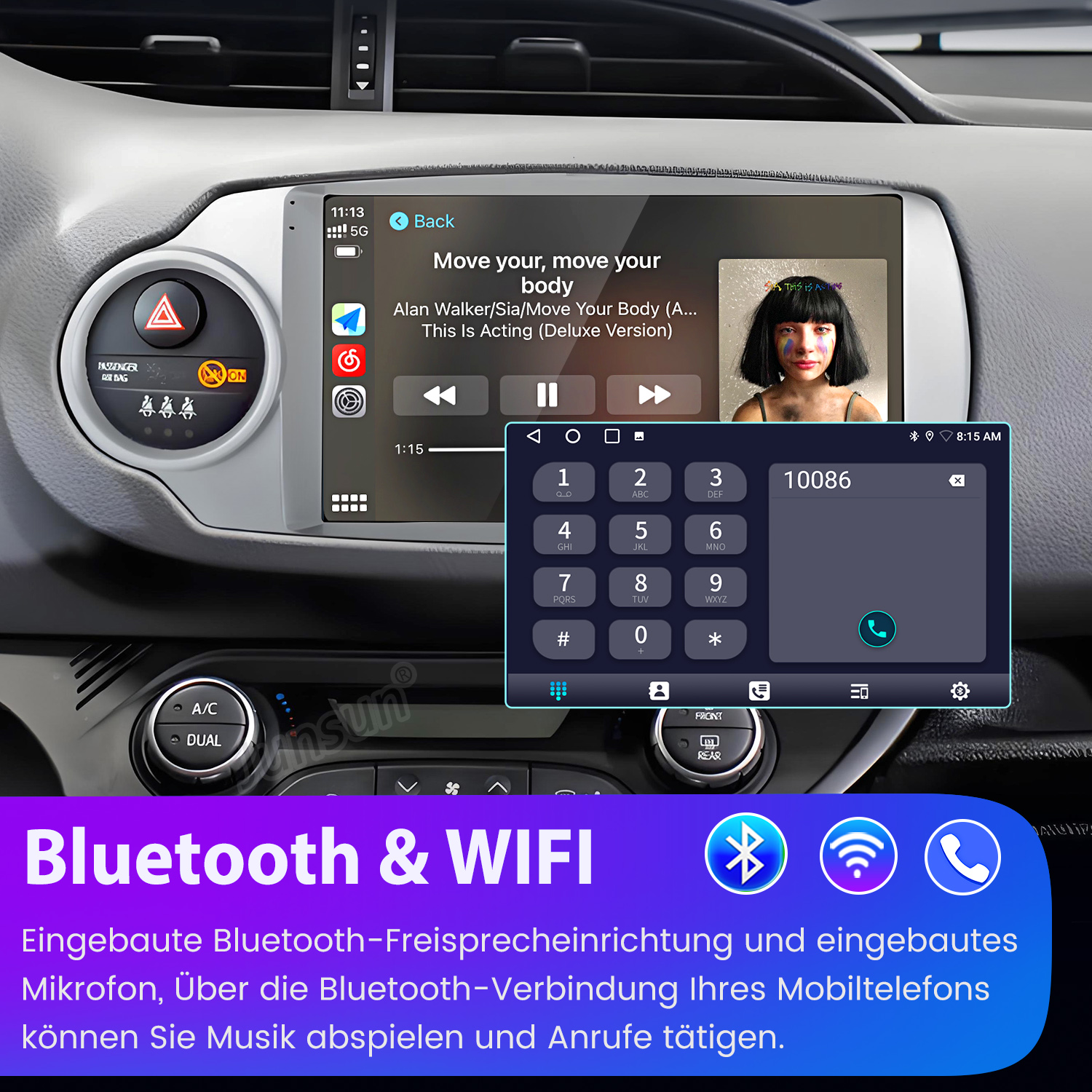 Auto-Infotainmentsystem mit Musikwiedergabe, Telefon und Warnblinklicht.