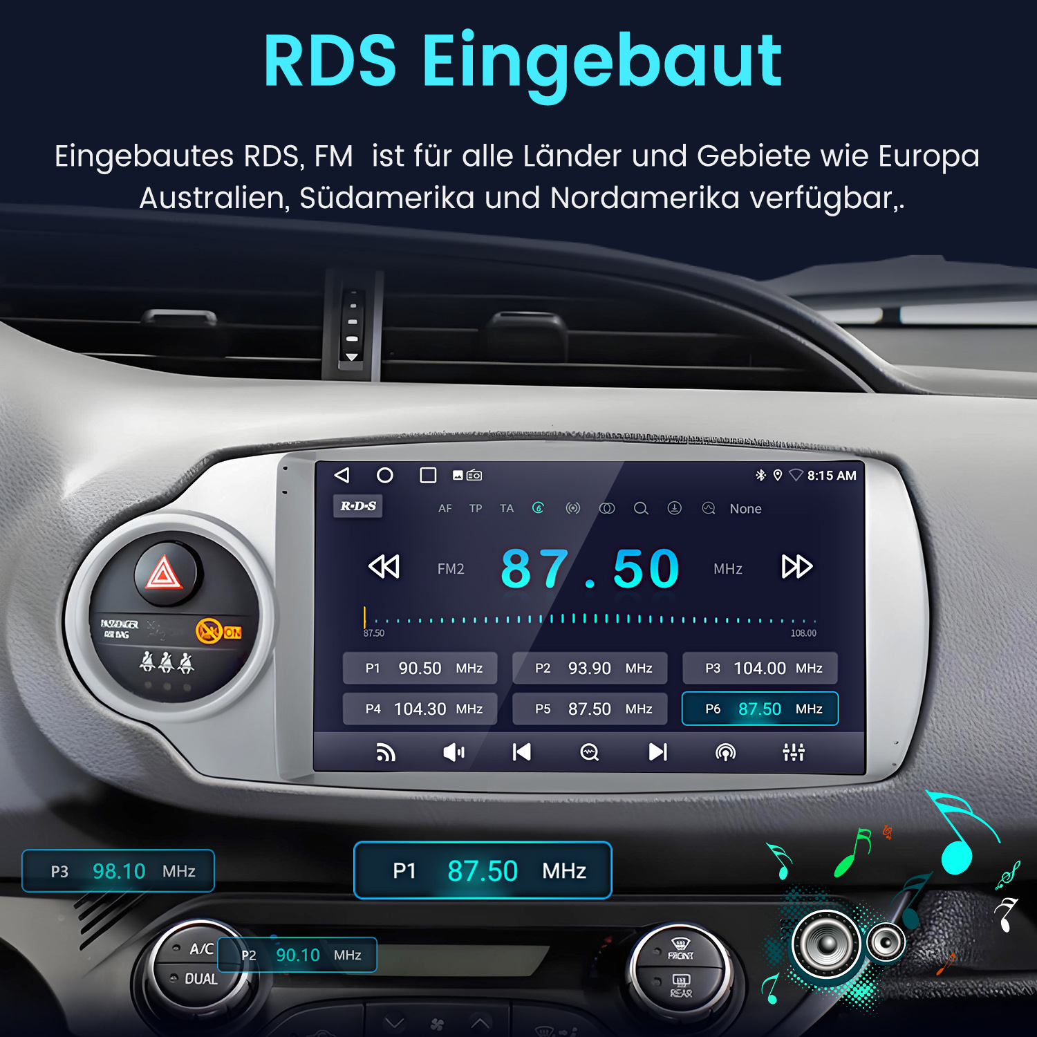 Autoradio-Display zeigt FM2 mit 87,50 MHz, Stationsspeicher und Lüftungsschlitze.