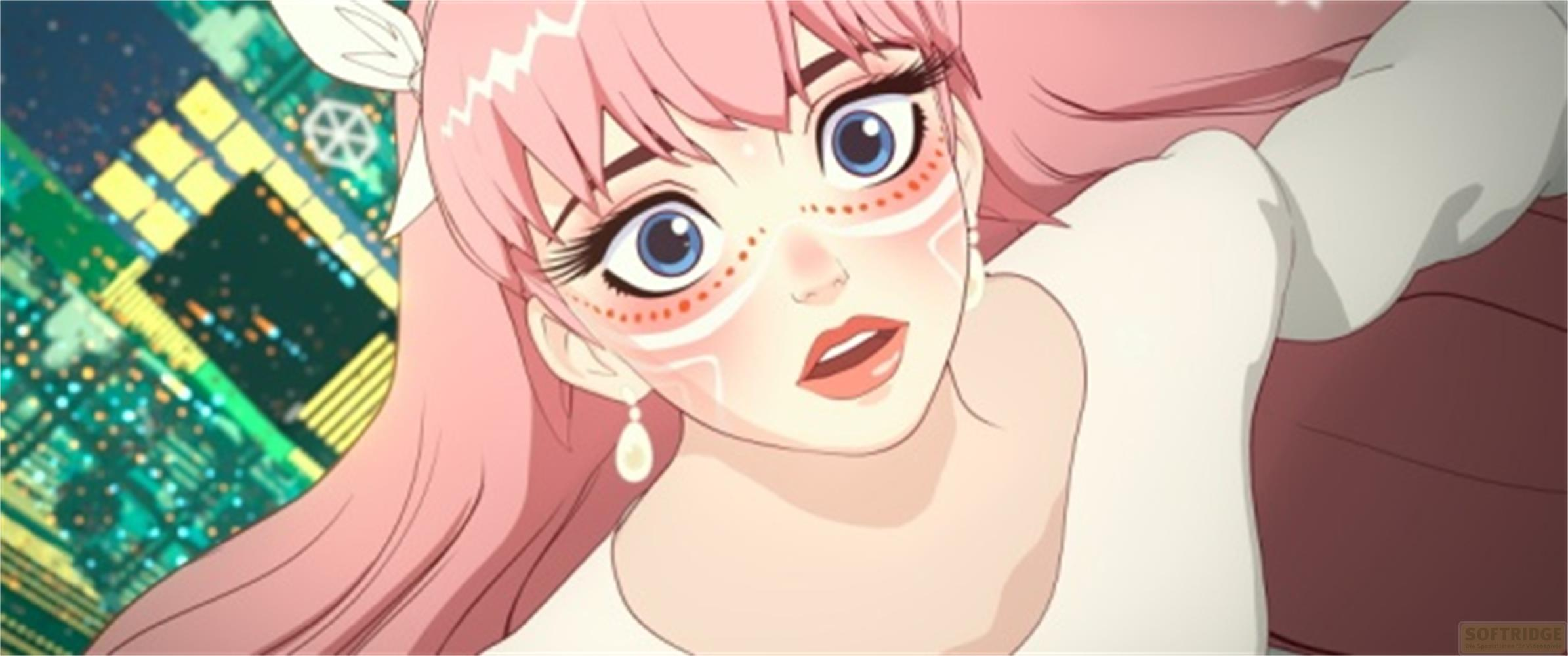 Ragazza anime con capelli rosa, occhi blu e trucco, su sfondo digitale.