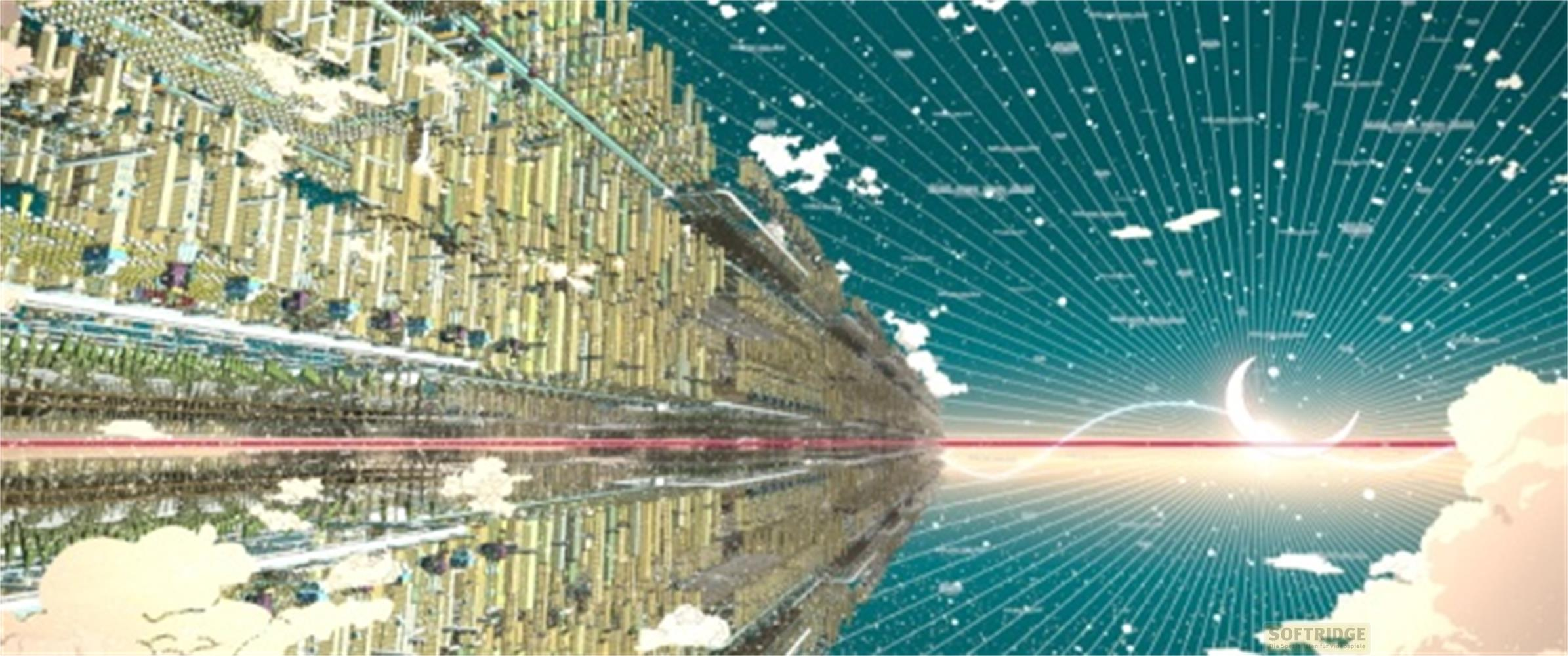 Una città futuristica si riflette in un mare sotto un cielo illuminato dalla luna.