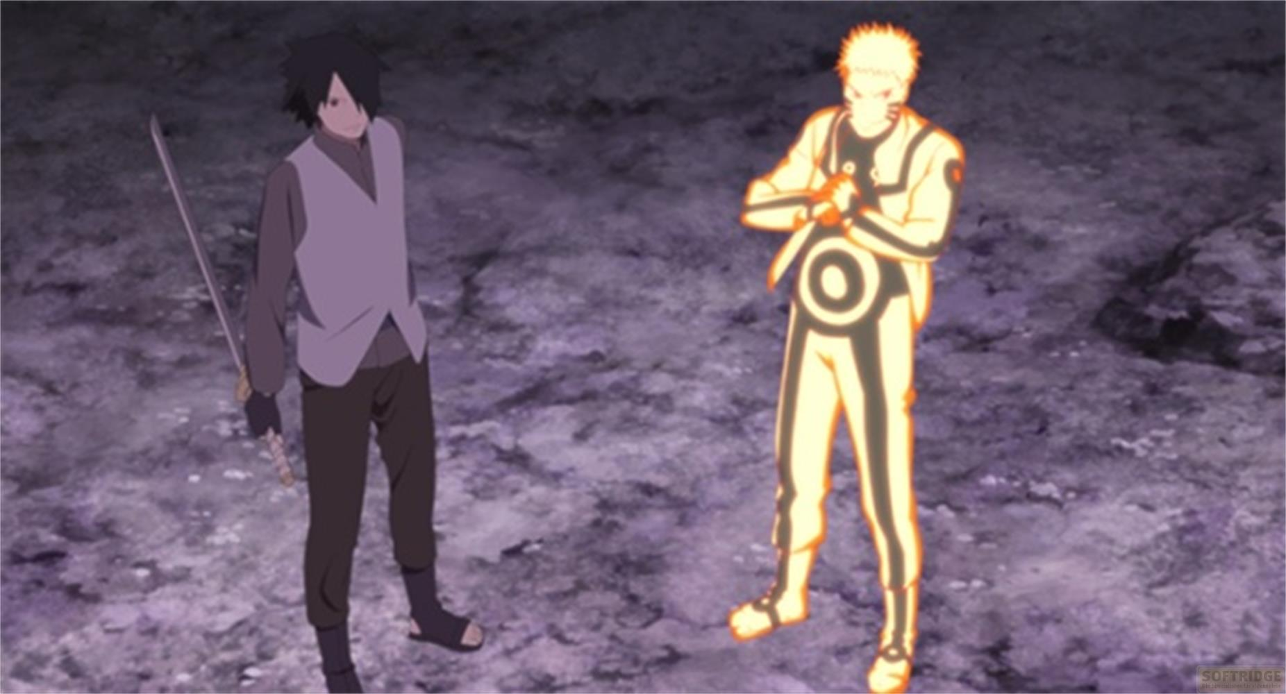 Naruto in modalità Nove Code e Sasuke con spada stanno su un terreno roccioso.