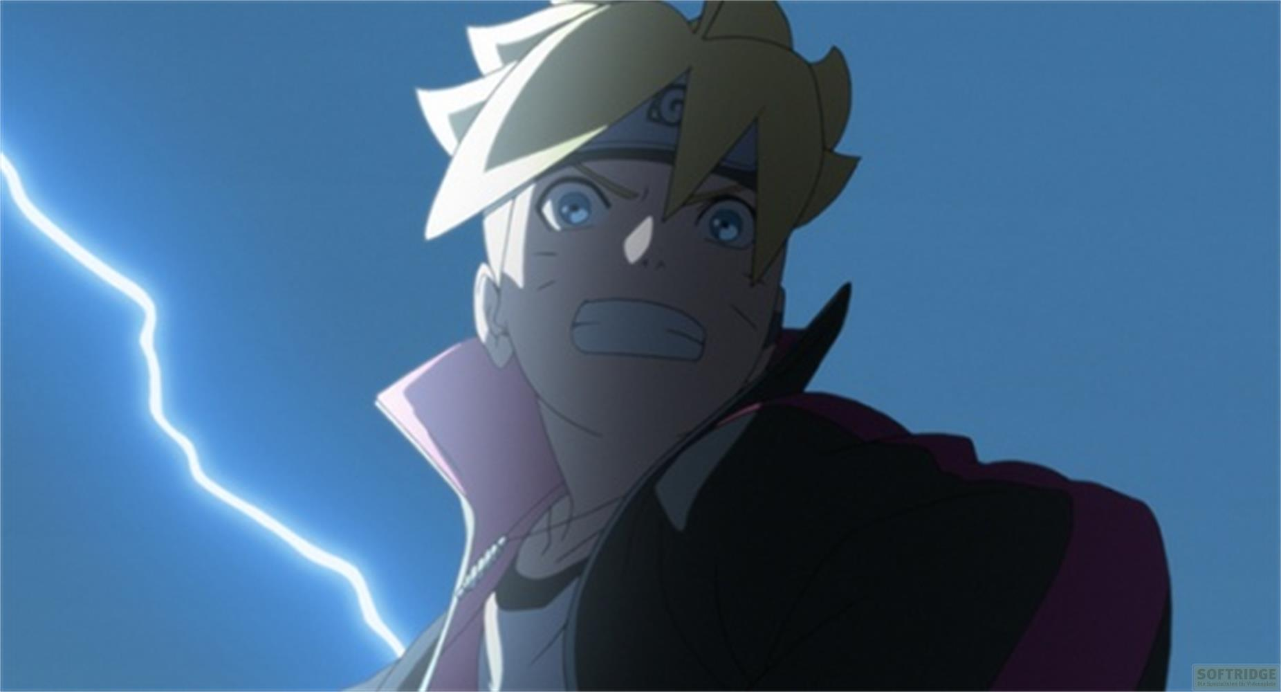 Boruto con occhi blu e capelli biondi, su cielo blu con fulmine.