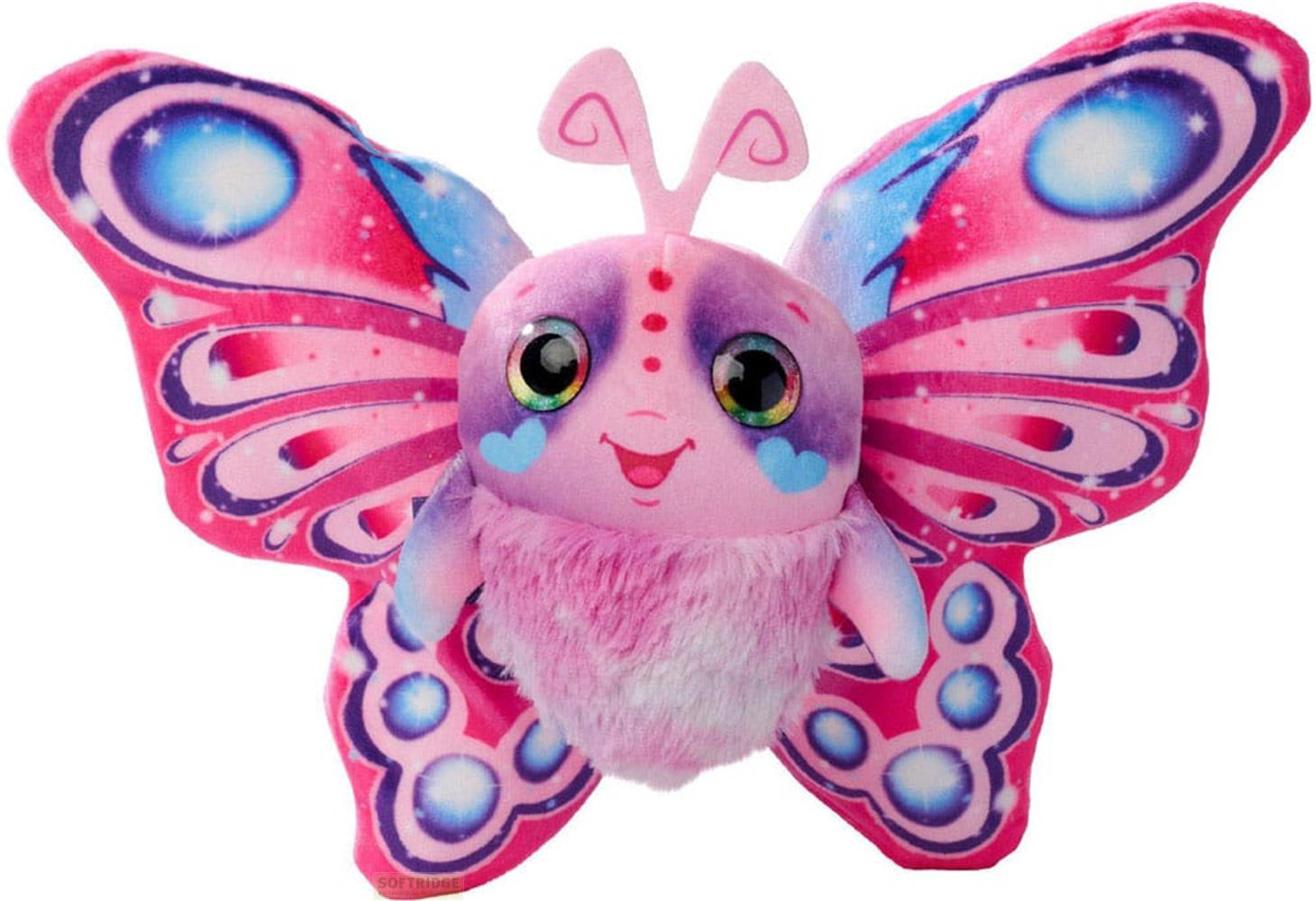 Ein rosa Plüschschmetterling mit großen Augen und bunten Flügeln.