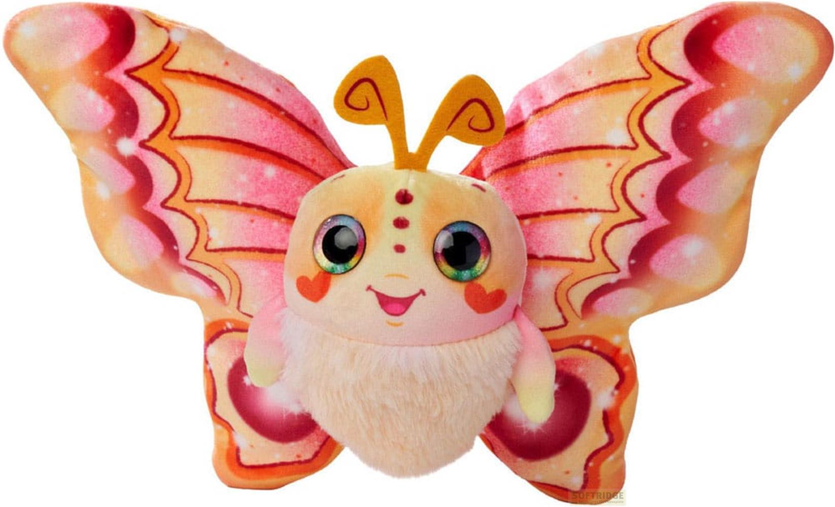 Ein flauschiges Schmetterlingsspielzeug mit bunten Flügeln und Glitzerdetails.