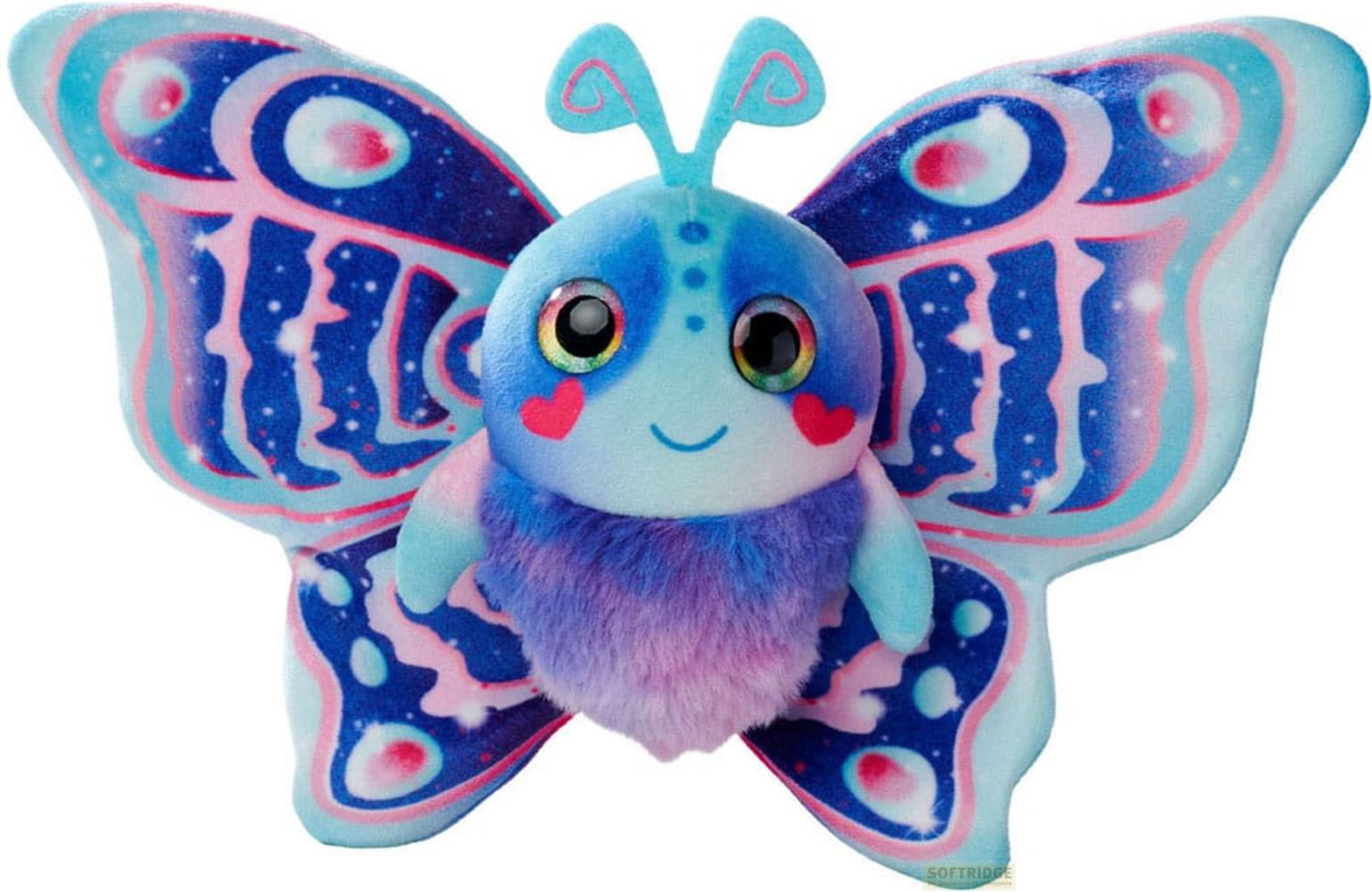 Ein blauer Plüschschmetterling mit Sternenmuster auf den Flügeln und flauschigem Bauch.