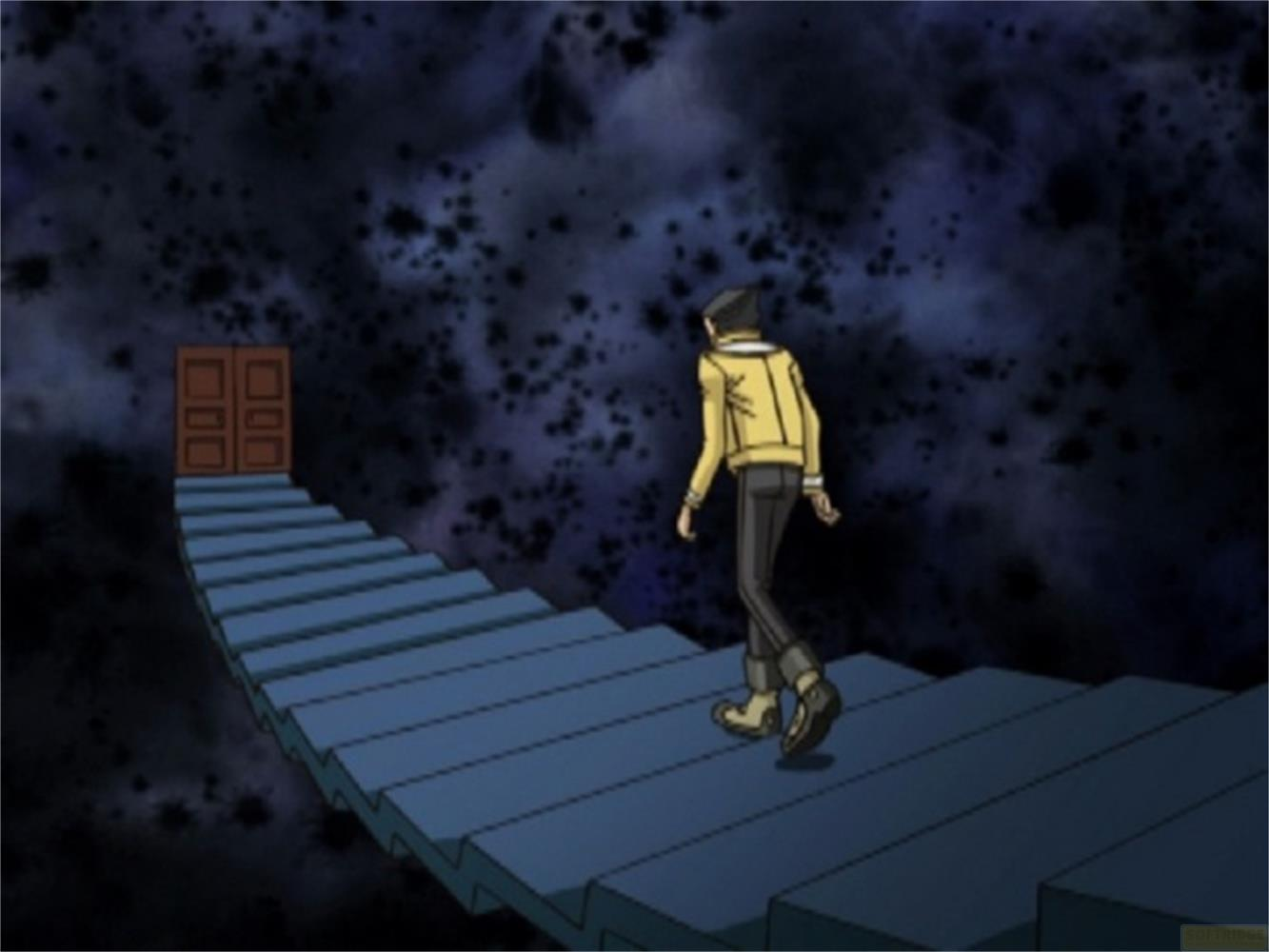 Una persona in giacca gialla sale le scale verso una porta nello spazio.