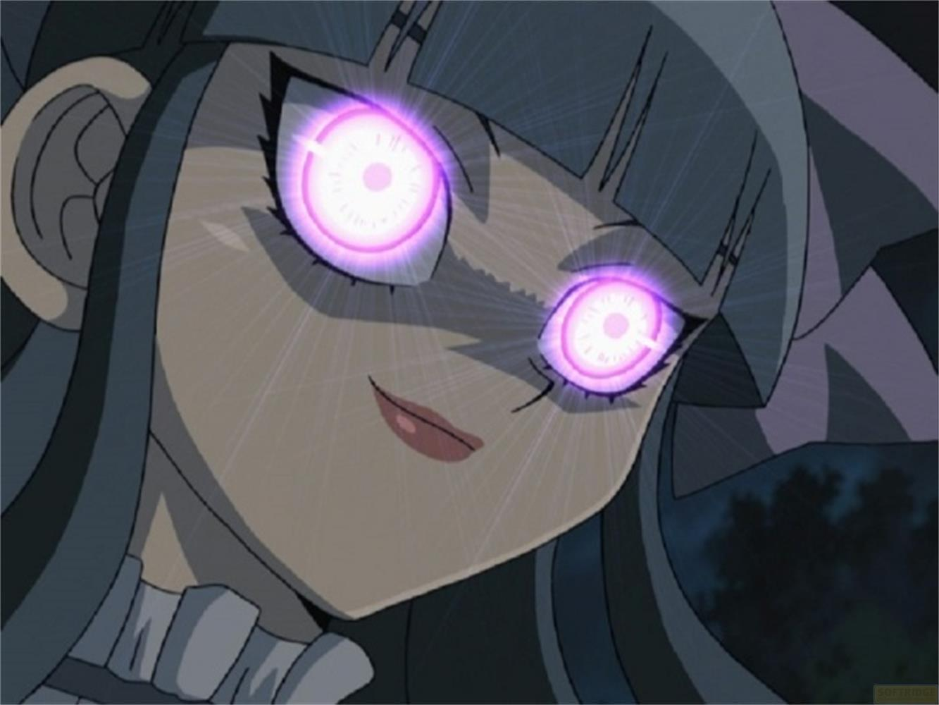 Ragazza anime con occhi viola luminosi e sorriso malizioso.