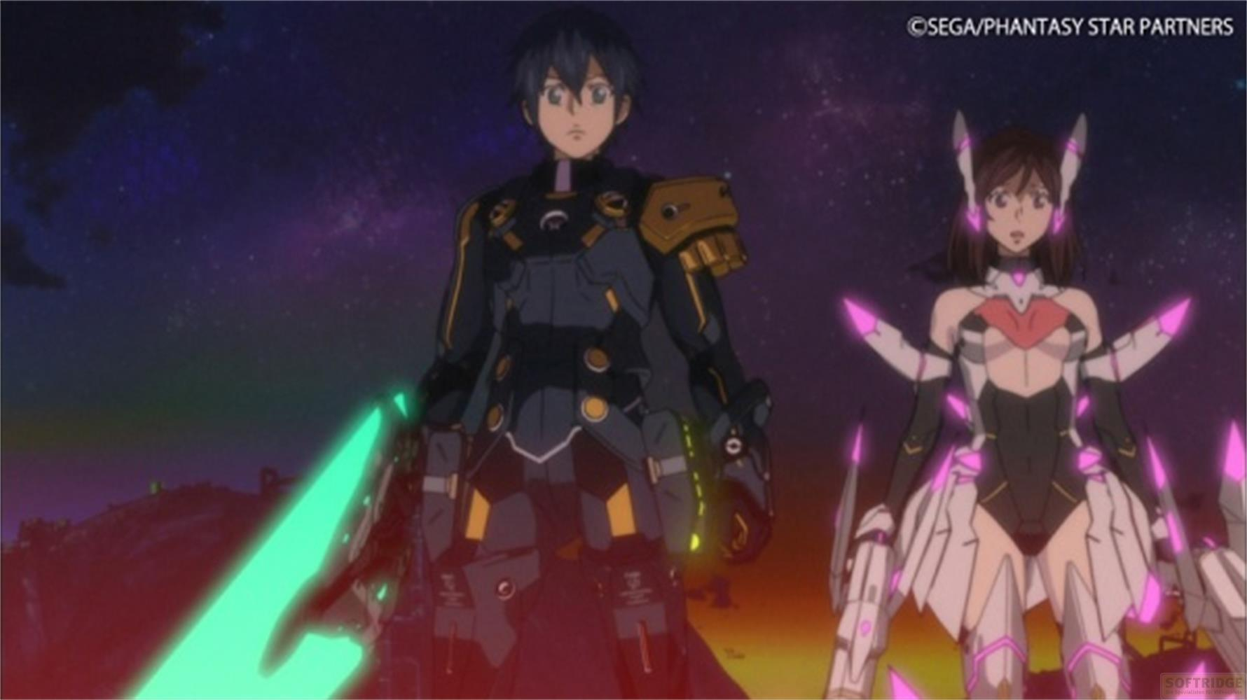Due personaggi anime in armatura, uno con una spada verde brillante, contro un cielo stellato.