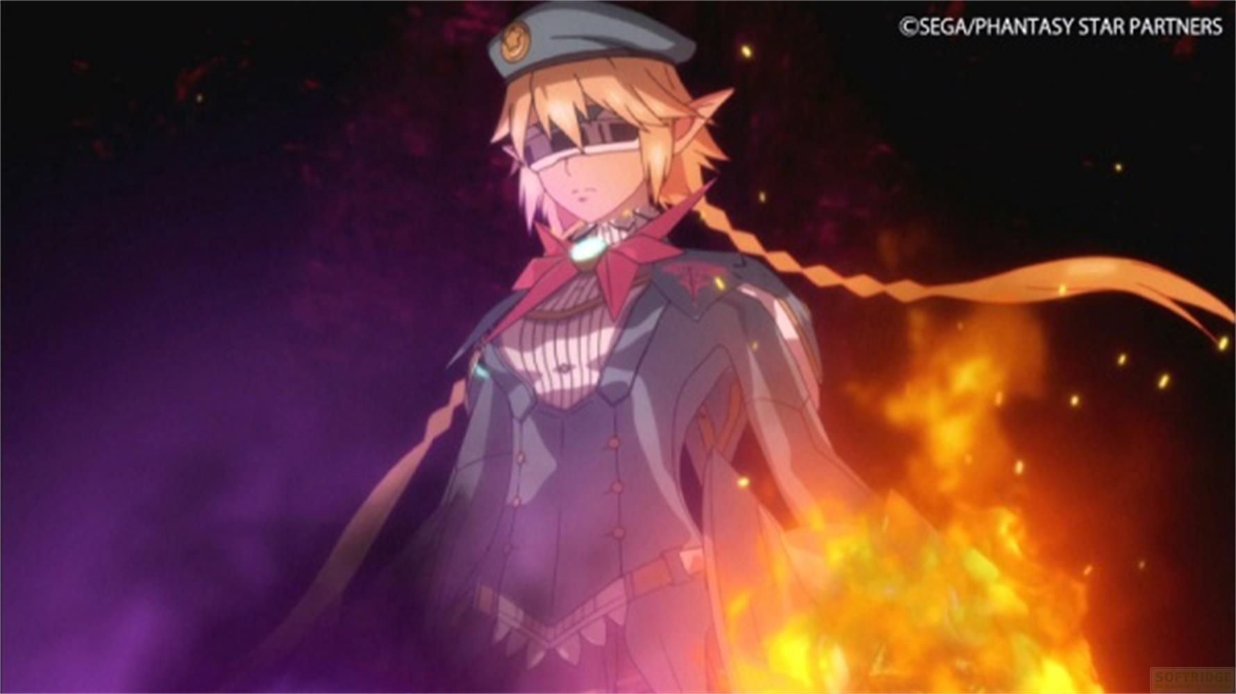 Personaggio anime con capelli biondi e occhiali, circondato da fuoco e fumo.