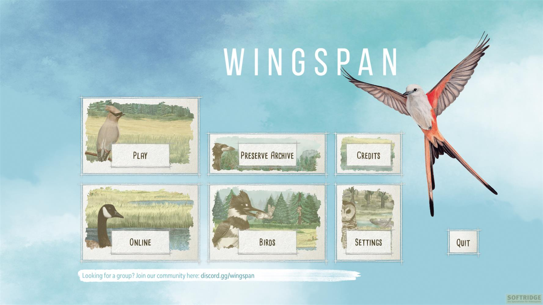 Wingspan Spielmenü mit Vögeln und Optionen wie Spielen, Online und Einstellungen.