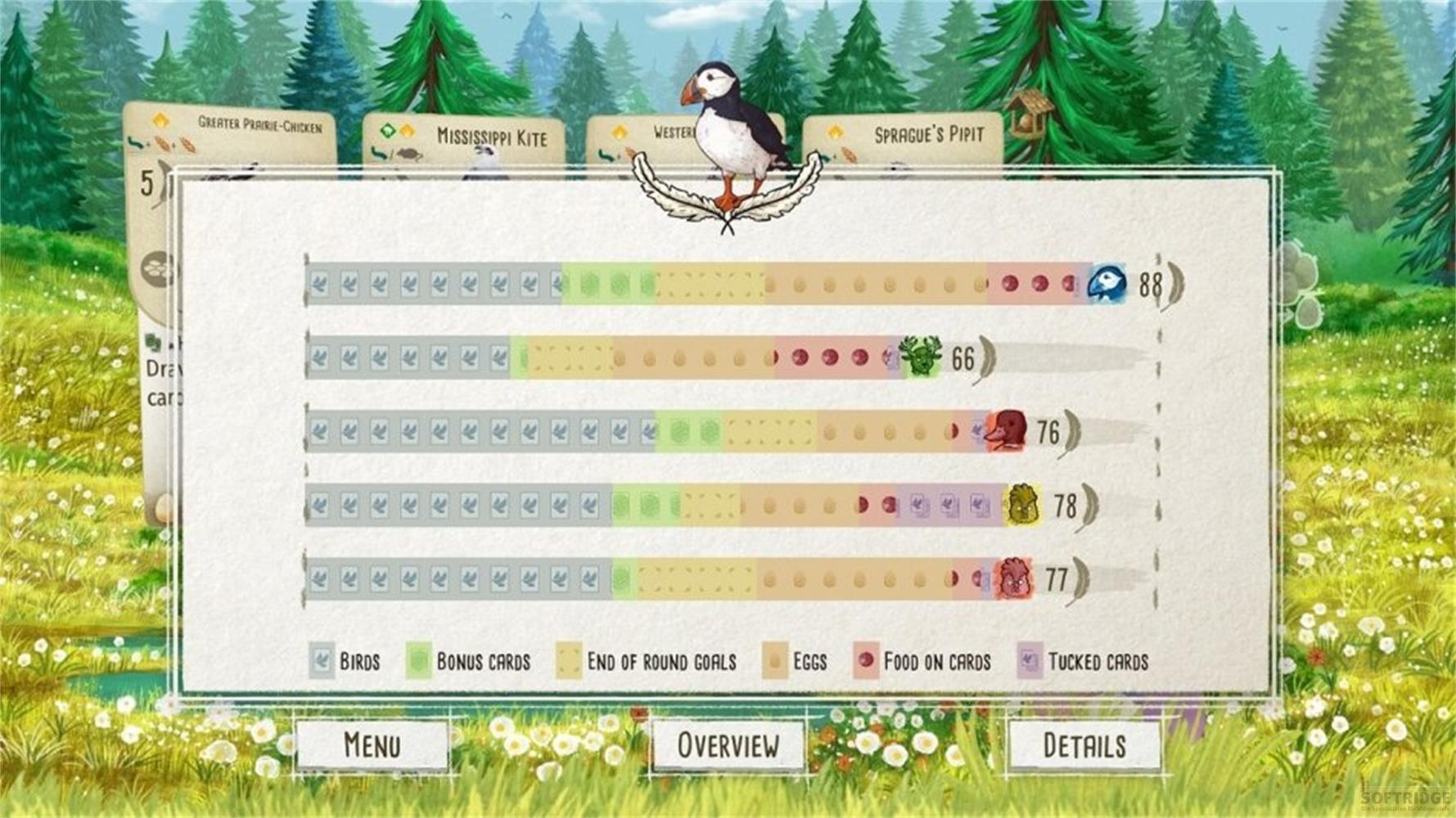 Spielbildschirm zeigt Vogelpunktzahlen und Details vor Waldkulisse.