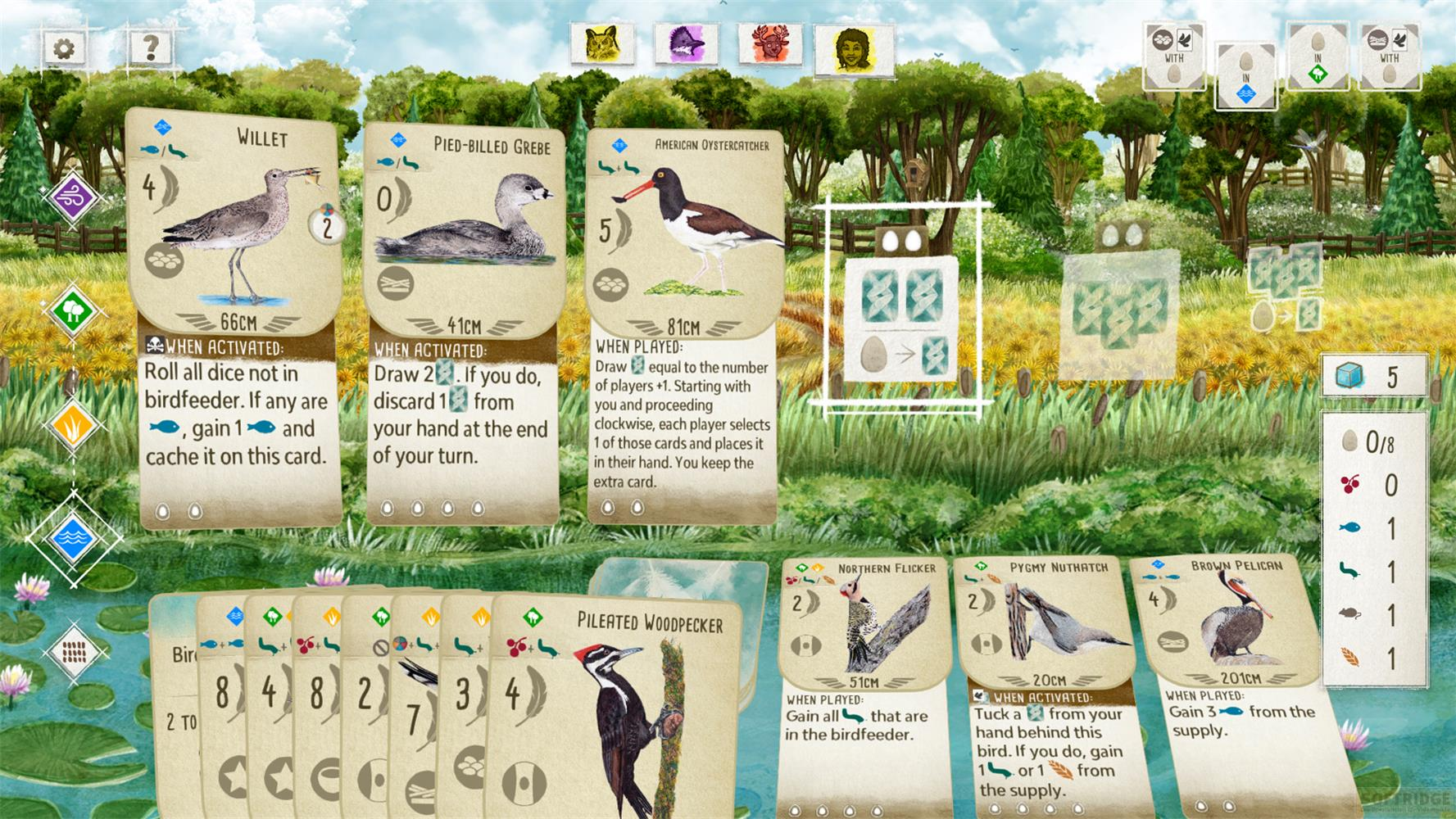 Brettspiel mit Vögelkarten und Ressourcen in einer Naturkulisse.