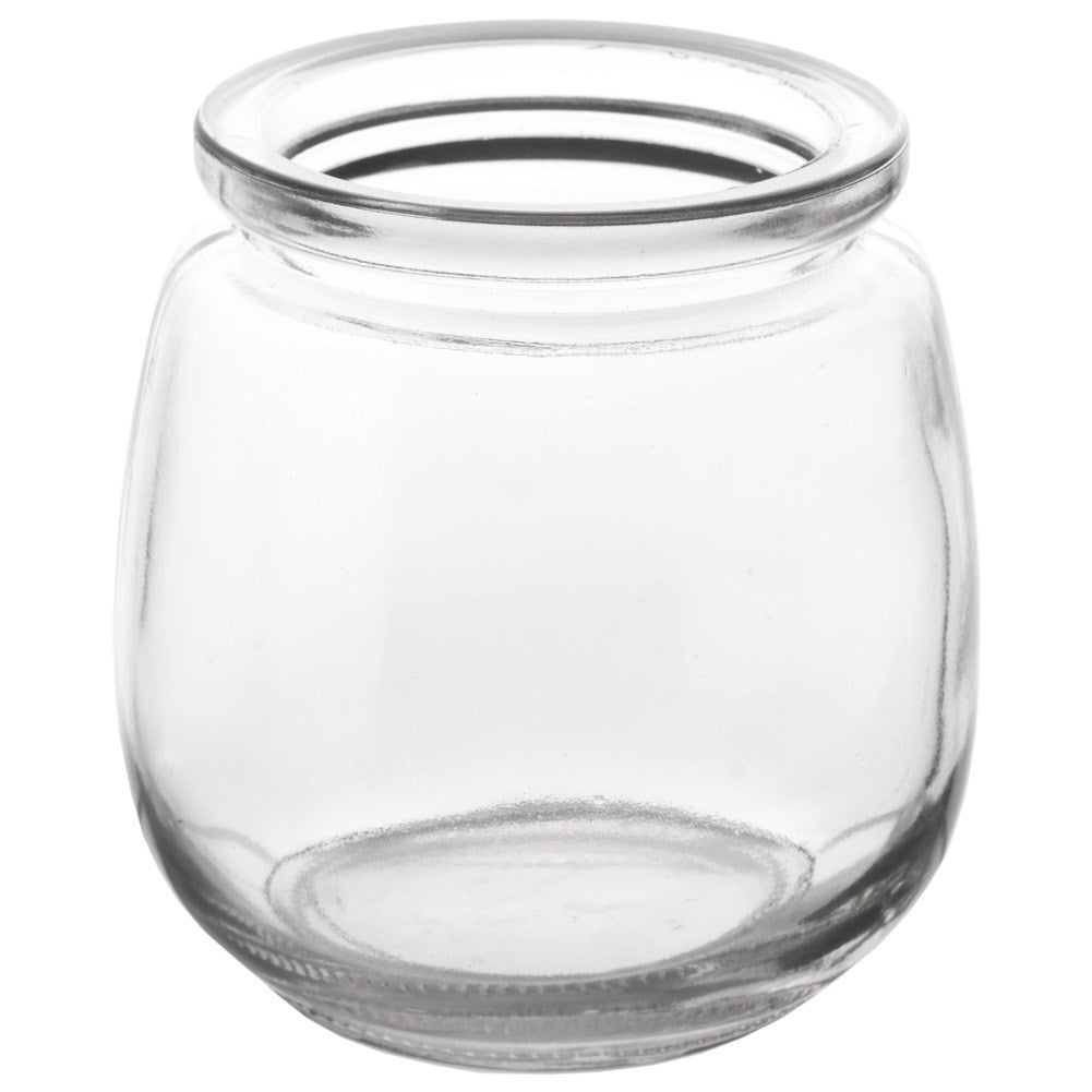 Un frasco de vidrio transparente y vacío con apertura ancha y lados redondeados.