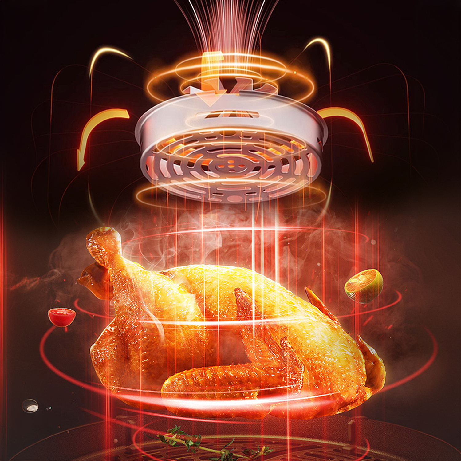 Un pollo dorato cuoce in un sistema a convezione di friggitrice ad aria con luci rosse.