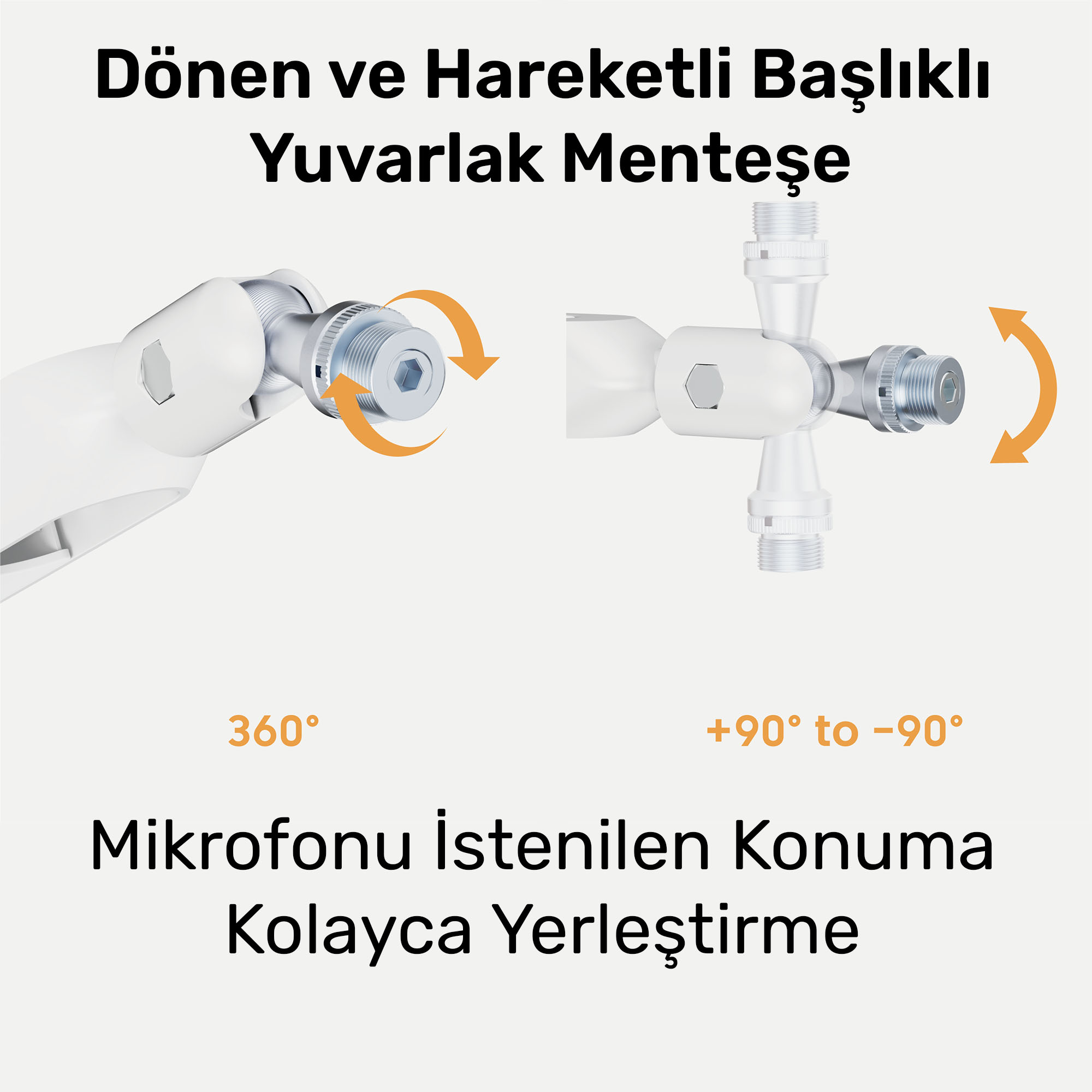 Mikrofon için 360° ve +/-90° ayarlı döner menteşe.