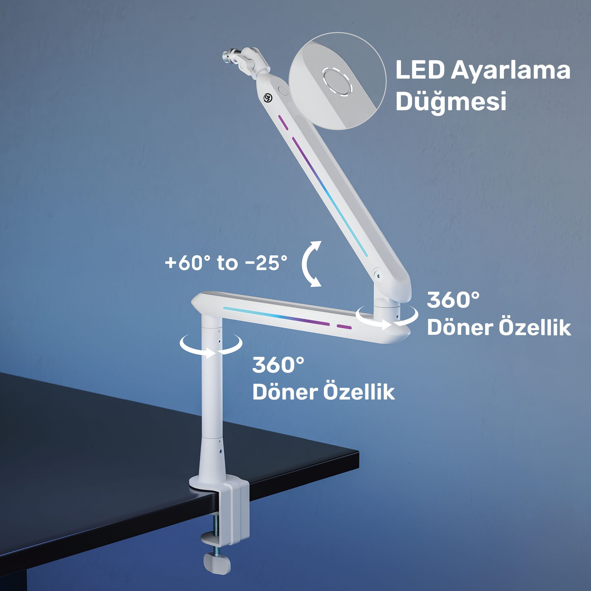 Beyaz masa montaj aparatı, eklemli kol, LED ayarı, 360 derece dönebilme.