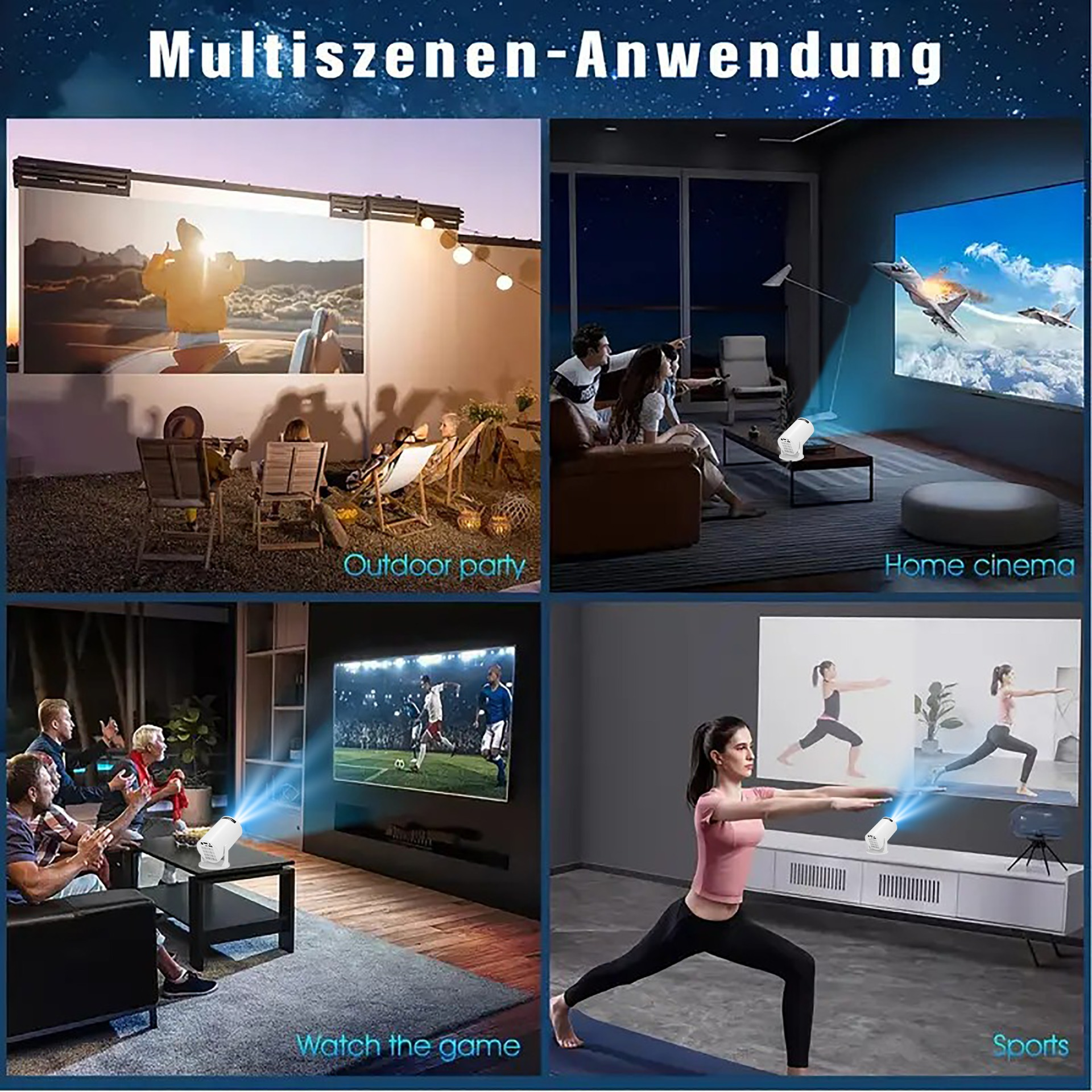 Cztery sceny: Impreza plenerowa, kino domowe, mecz piłki nożnej, joga z projektorem.
