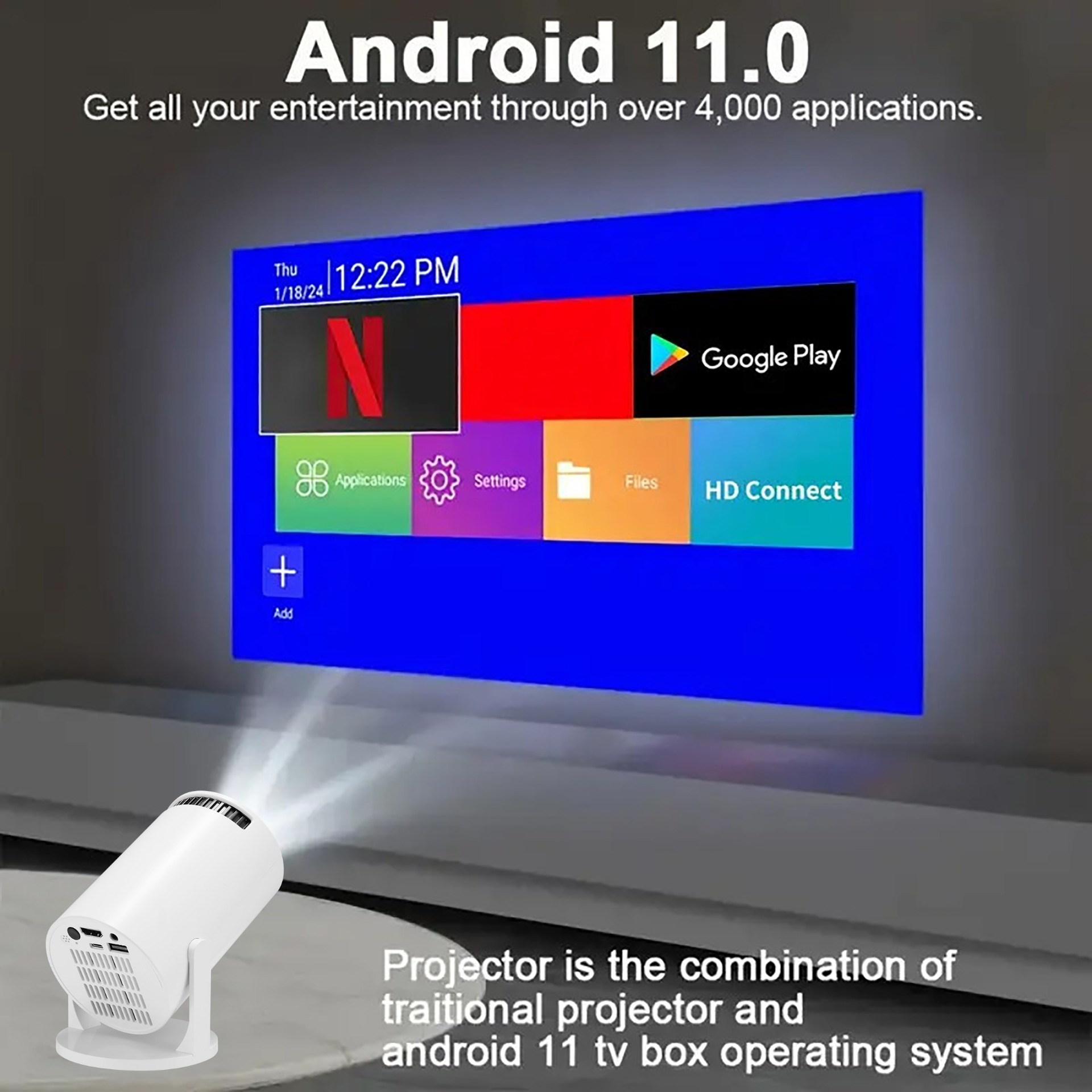 Biały projektor wyświetla menu Android 11 na ścianie: Netflix, Google Play.