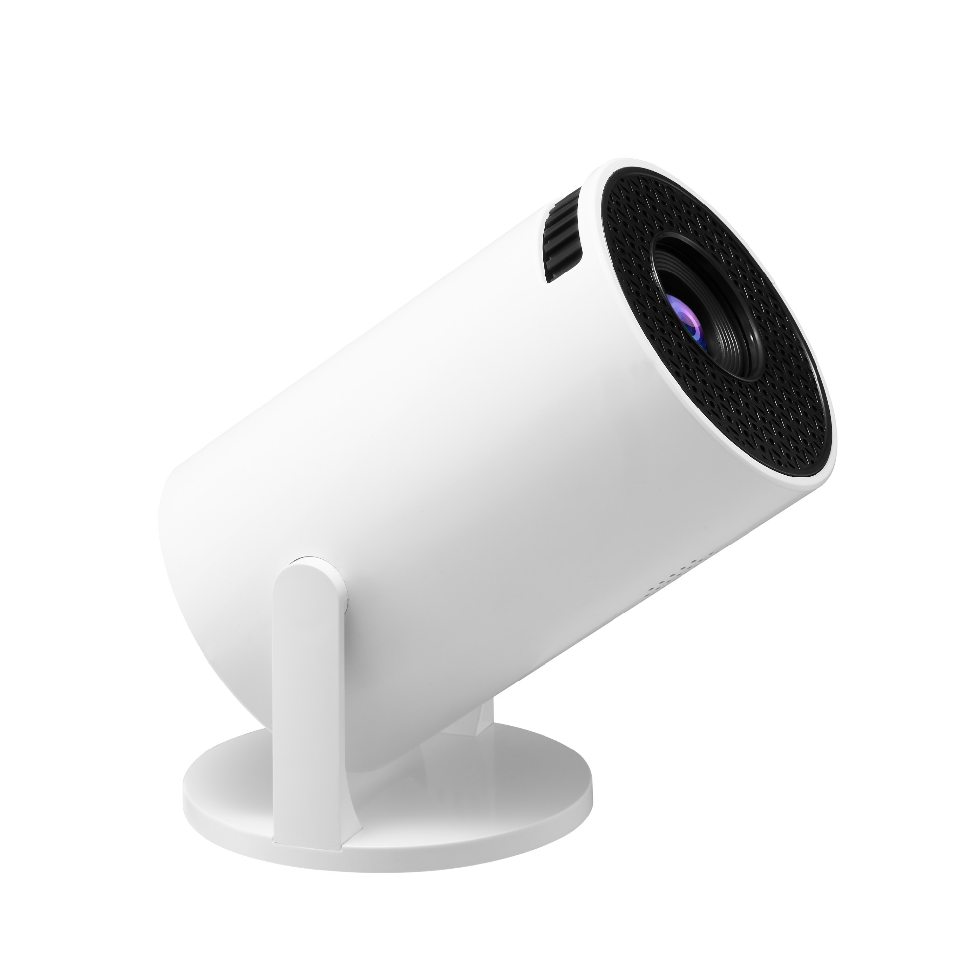 Biały projektor z czarną kratką i obiektywem, na okrągłej podstawie.